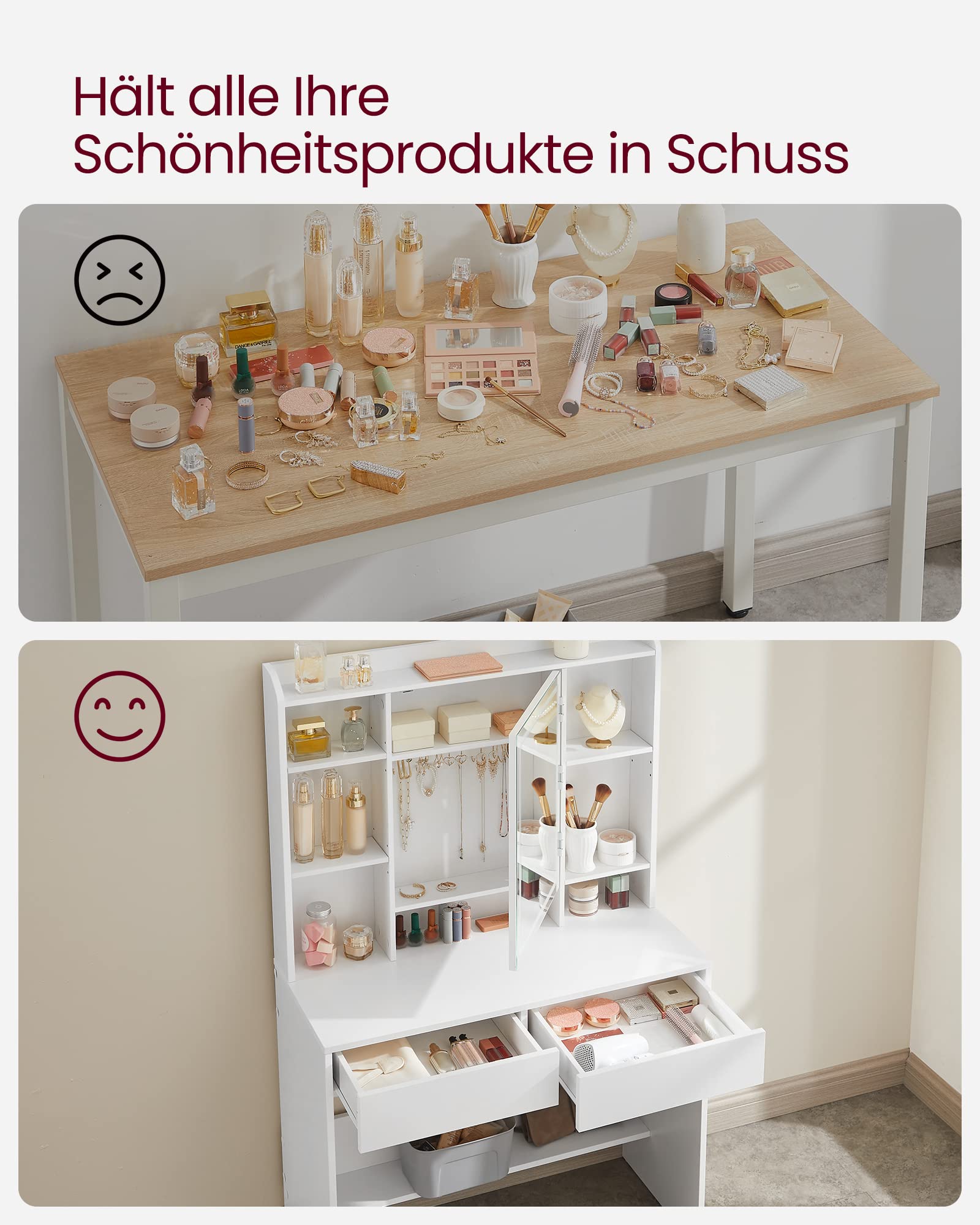VASAGLE Kailyn Kollektion - Schminktisch mit LED-Beleuchtung, 3 Farben mit Einstellbarer Helligkeit, Frisiertisch mit Spiegel, mit verstellbaren Ablagen, 2 Schubladen, weiß RDT123T14