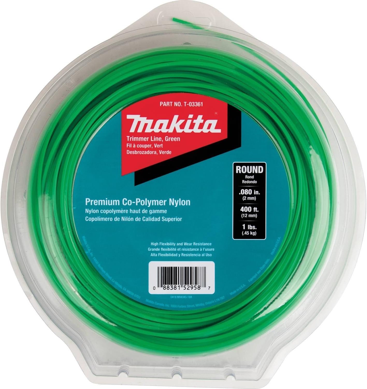 T-03361 Round Trimmer Line, 0.080”, Green, 400’, 1 lbs.