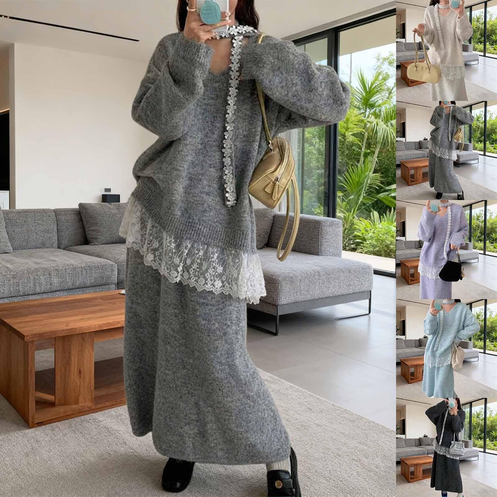 Maglione da donna con gonna in maglia con pizzo patchwork maglione e gonna per il tempo libero, set da due pezzi, per inverno e autunno, caldo, a maniche lunghe, elegante tuta in maglia