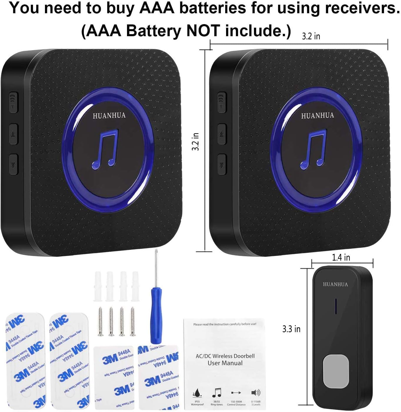 Wireless Doorbell,HUANHUA Door Bells Battery Operated with 2 Receivers,Waterproof Door Bell Wireless for Home,1000Ft Operating Range,5 Volume Levels,55 Chimes-Black - - 