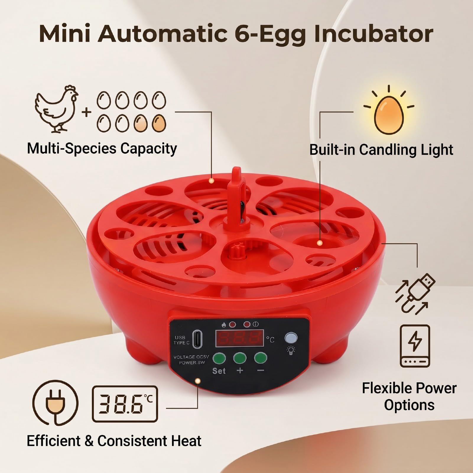 Mini Inkubator do Jaj o Pojemności 6 Jaj dla Kurczaka, Kaczki, Przepiórki