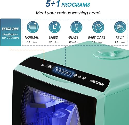 Miniatura 3 de AIRMSEN Lavavajillas portátiles para encimera, 5 programas de lavado, mini lavavajillas con tanque de agua integrado de 5 L y puerta de vidrio de