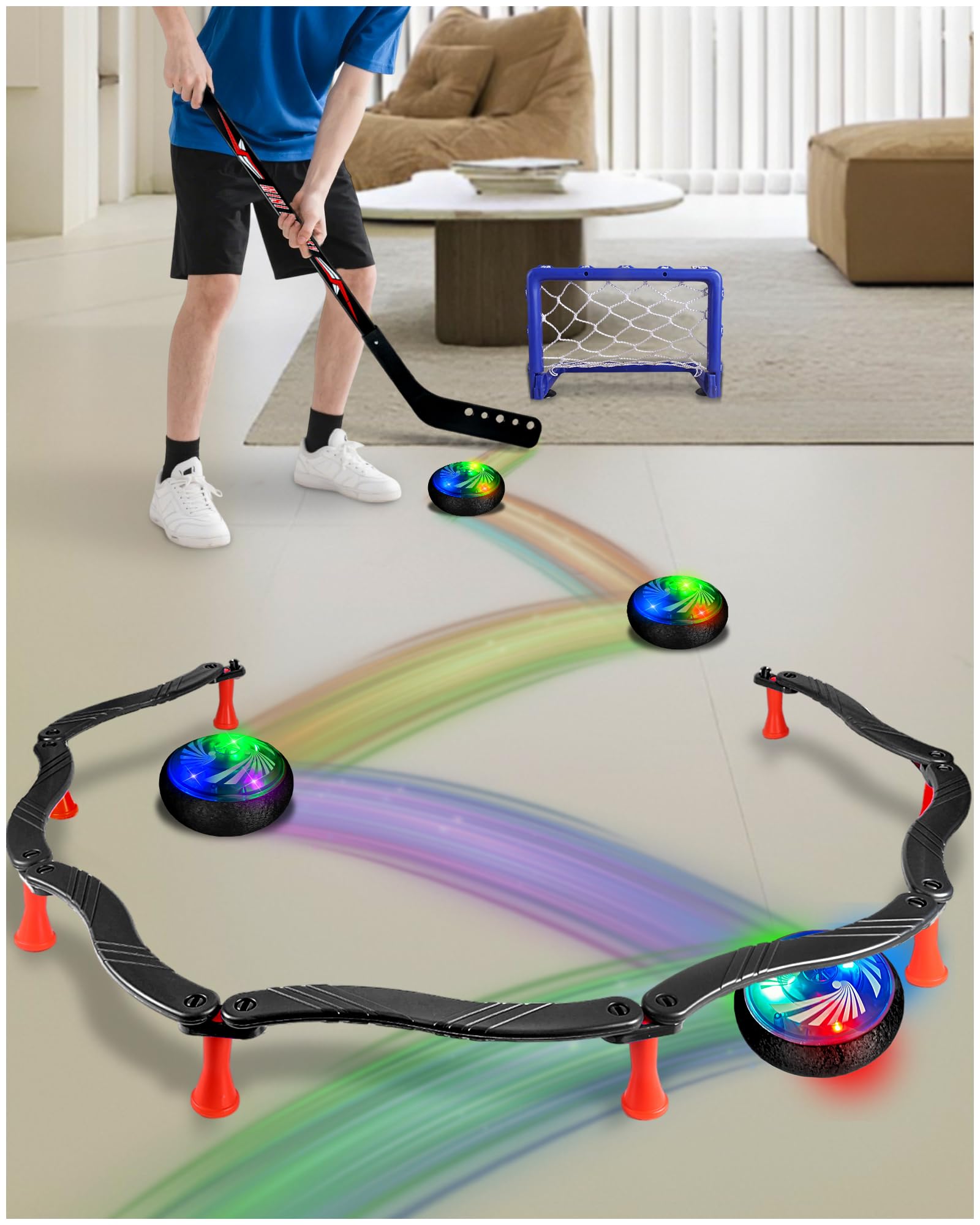 SPORTY PLAY Hockey Stick Handling Trainer - Adjustable Hockey Training Equipment Set with Hover Soccer Ball, Mini Goal & Sticks - Improve Skills & Coordination for Kids & Teens