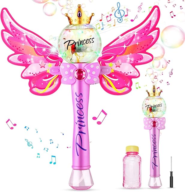 Ucradle Bubble Machine, Automatic Bubble Wand for Kids Blower Magic Fairy Stick Bubble Maker with Musical Light, 1000+ Colorful Bubbles Per Minute with Bottles of Solution, Party Toys for 3+ Girl