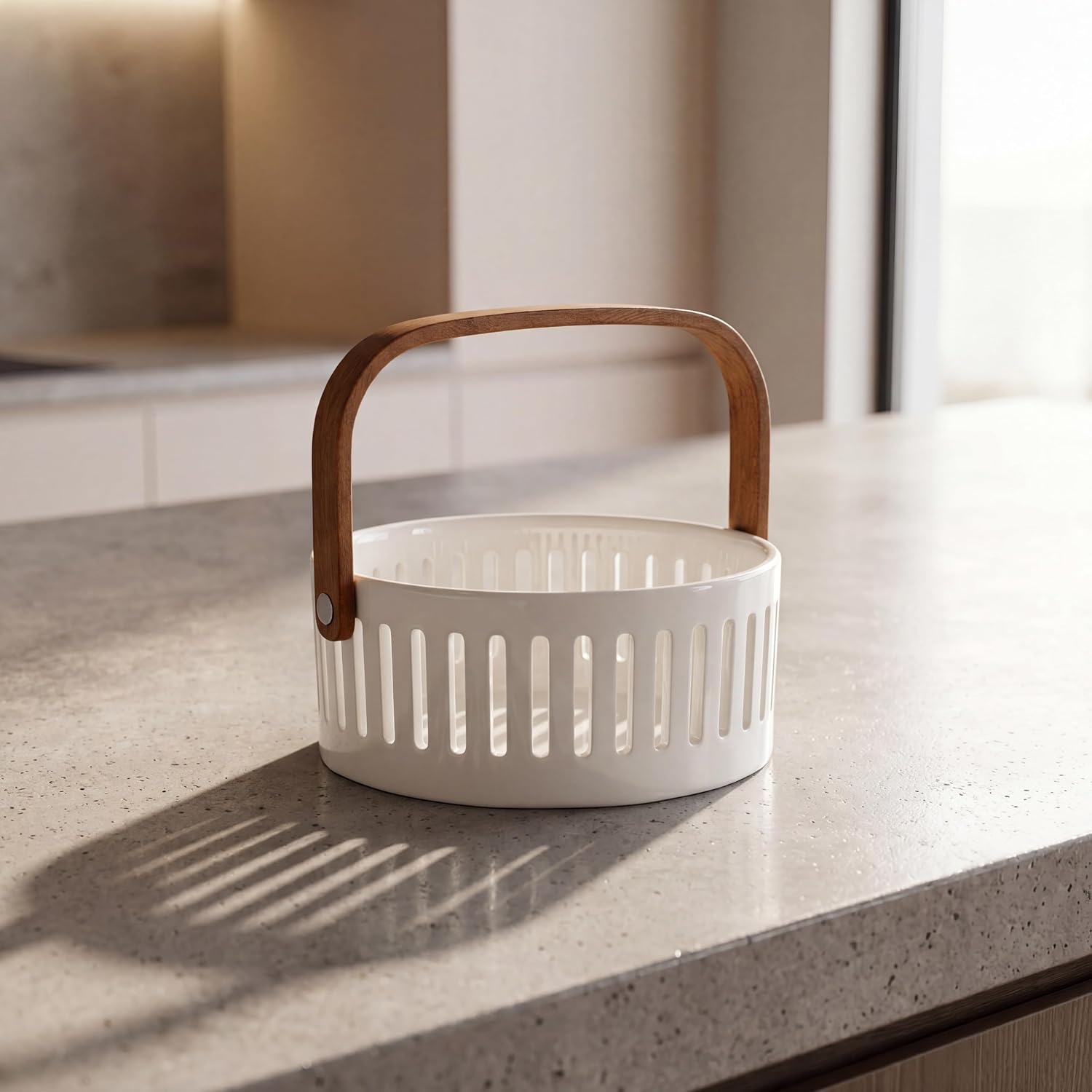 Ceramic Berry Baskets with Wooden Handle, 6" Decorative Fruit Bowl for Kitchen Counter, Modern Farmhouse Slotted, Fruit Holder for Table Storage (White)
