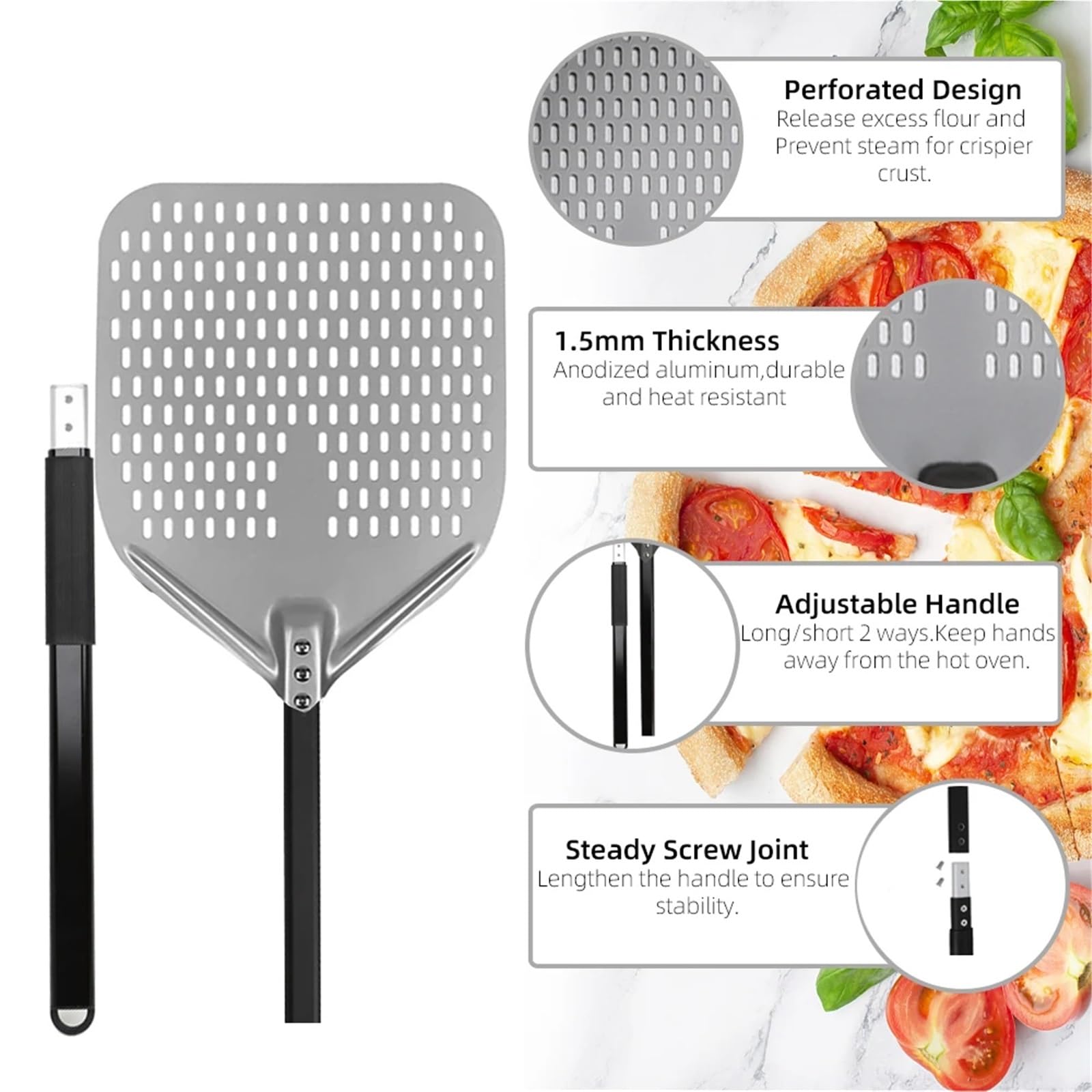 18 Zoll große Pizzaschaufel, perforiert, mit Metallgriff, for Wenden im Ofen, Küchenhelfer, antihaftbeschichtet, Backzubehör für Backofen und Pizzaofen(18inch and 9 inch)