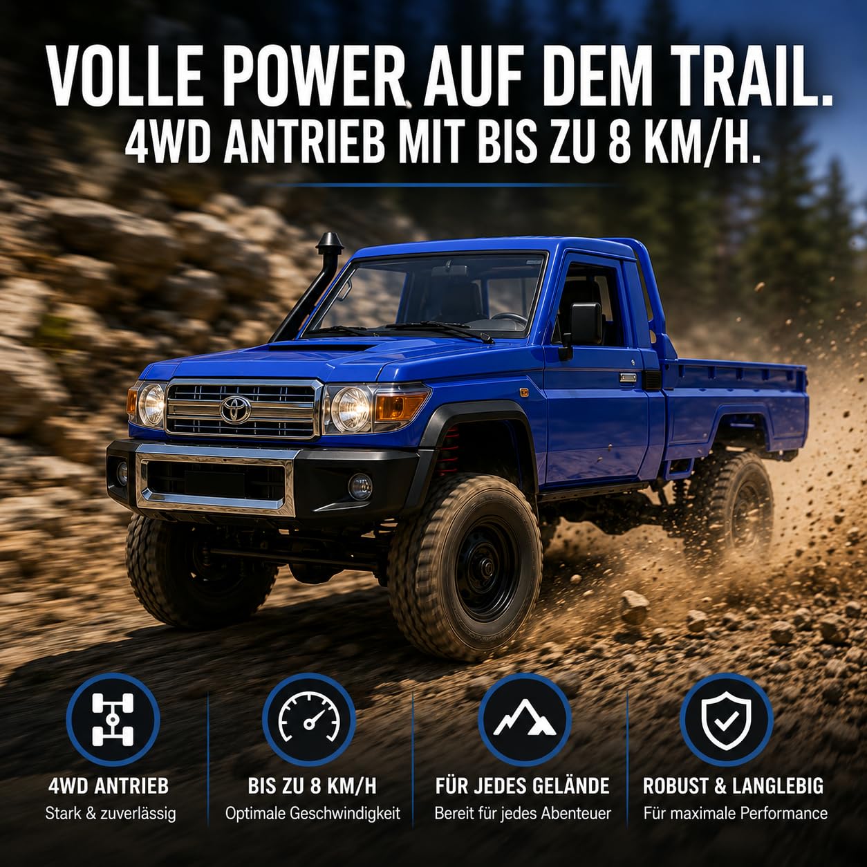 Coche teledirigido resistente 1:12 – Toyota Land Cruiser Pro RC Auto 4WD para exteriores con sistema de iluminación LED, 30 minutos de tiempo de conducción, vehículo todoterreno, coche