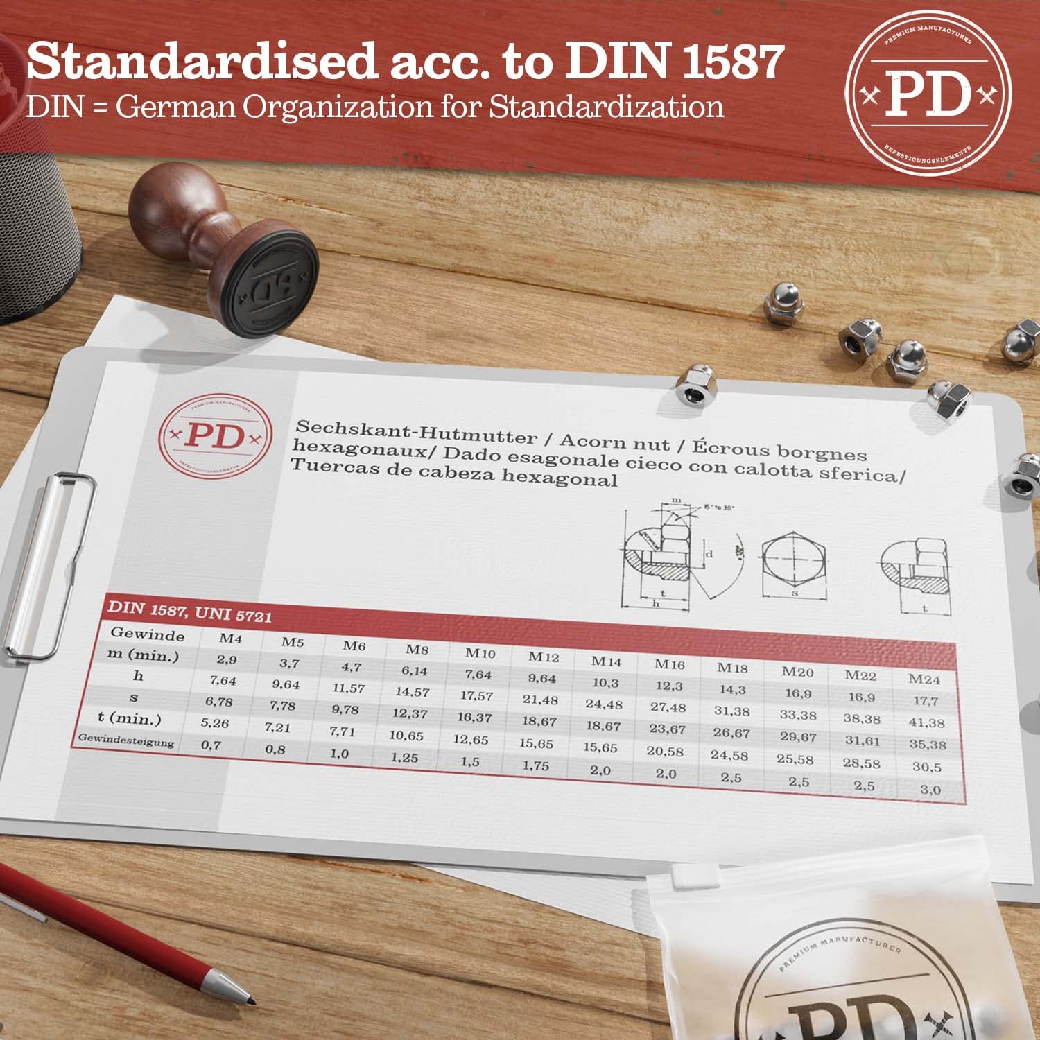 PD® Hutmoeren M12 (DIN 1587), hoogwaardige messing dopmoeren, beschermdoppen moeren in hoge vorm voor schroeven, draadstangen en schroefdraadbouten, 5 stuks
