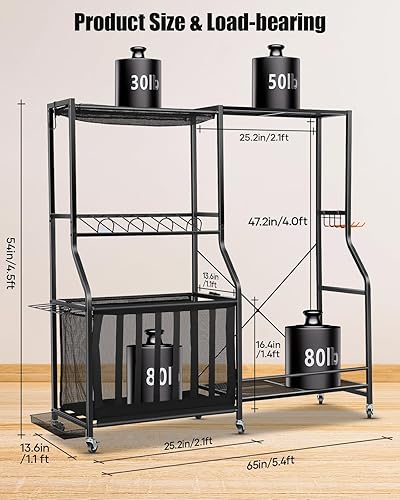 Miniatura 2 de Organizador de equipo deportivo de garaje con ruedas, estante de almacenamiento para bolsas de golf y cubos de almacenamiento de bolas, sistema