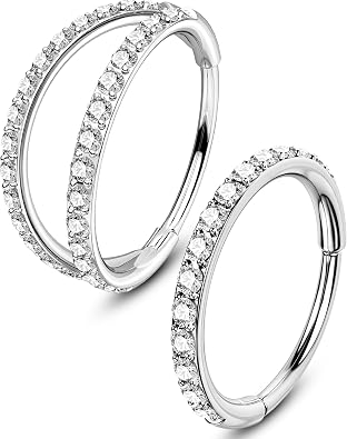 OUFER 2PCS Nose Rings, 20G Single and Double Hoop Nose Rings for women, Hinged Segment Clicker Nostril Piercing Jewelry, Cartilage Conch Rook Helix Tragus Daith Piercing Jewelry