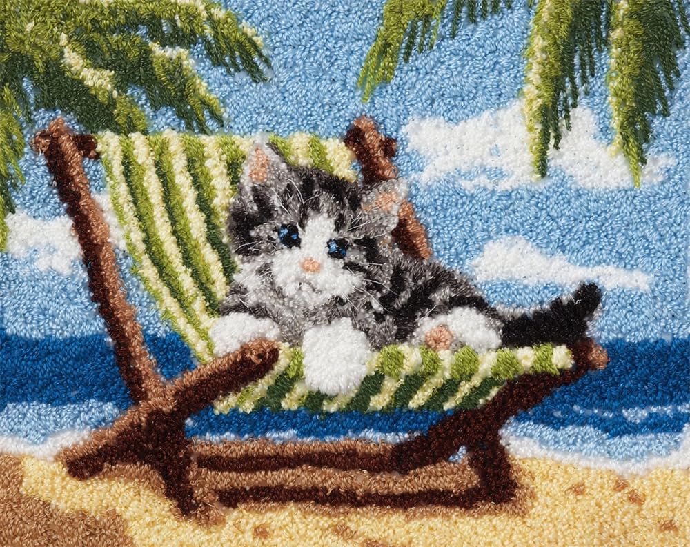 Kitquiver Latch Hook Kits for Adults Beginners Rug Cute Kitten Sitting On A Beach Chair DIY Crochet Yarn Embroidery Handmade Needlework with Printed Canvas for Home Decoration 21X29In