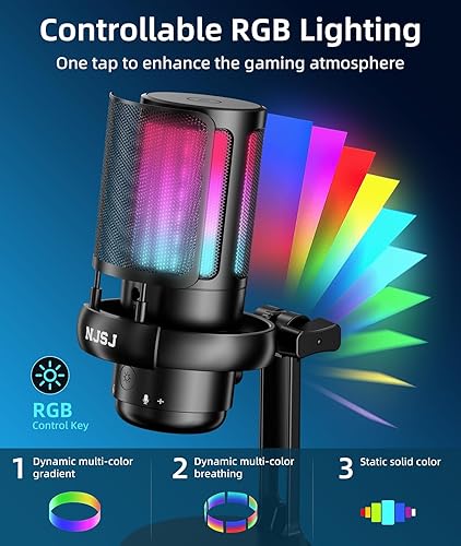 Miniatura 2 de NJSJ Micrófono USB para computadora, micrófono de juegos para PC, PS4, PS5 y Mac, micrófono de condensador con 9 modos de luz RGB, botón de