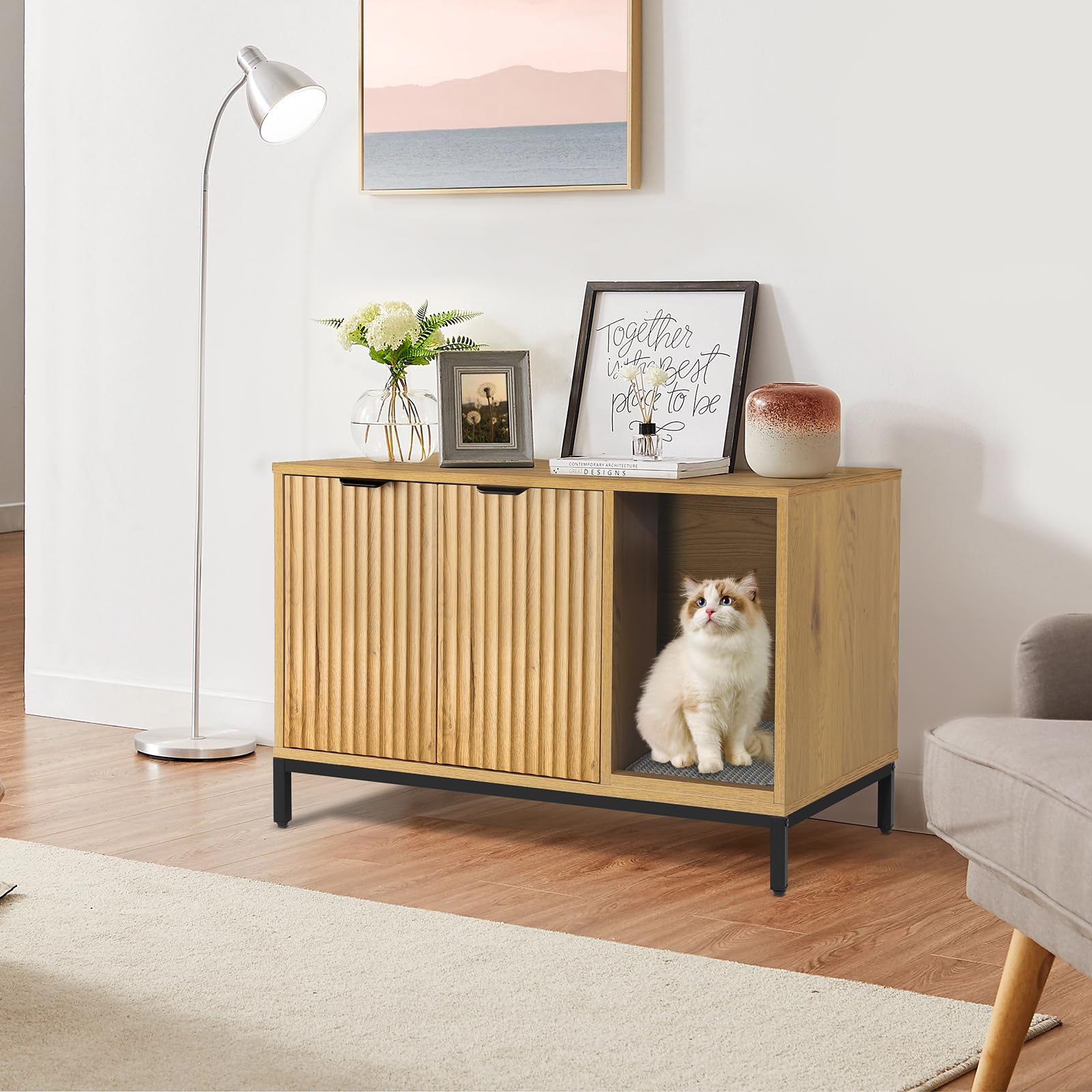 Cat Litter Box Enclosure, Hidden Litter Box Furniture with Metal Legs, Side End Table Indoor Cat House Storage Cabinet 31.5 x 19.7 x 20 Inches (Black + Gold)