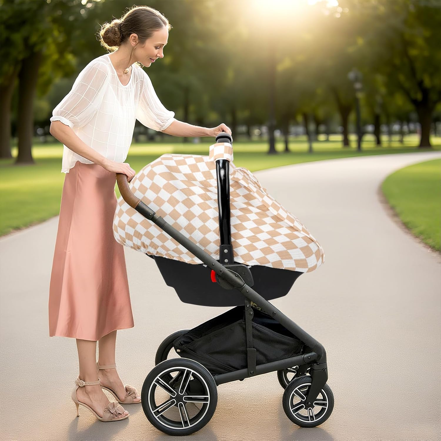 2 Pack Muslin Baby Lounger Covers and Muslin Car Seat Covers for Babies, Brown Checkered