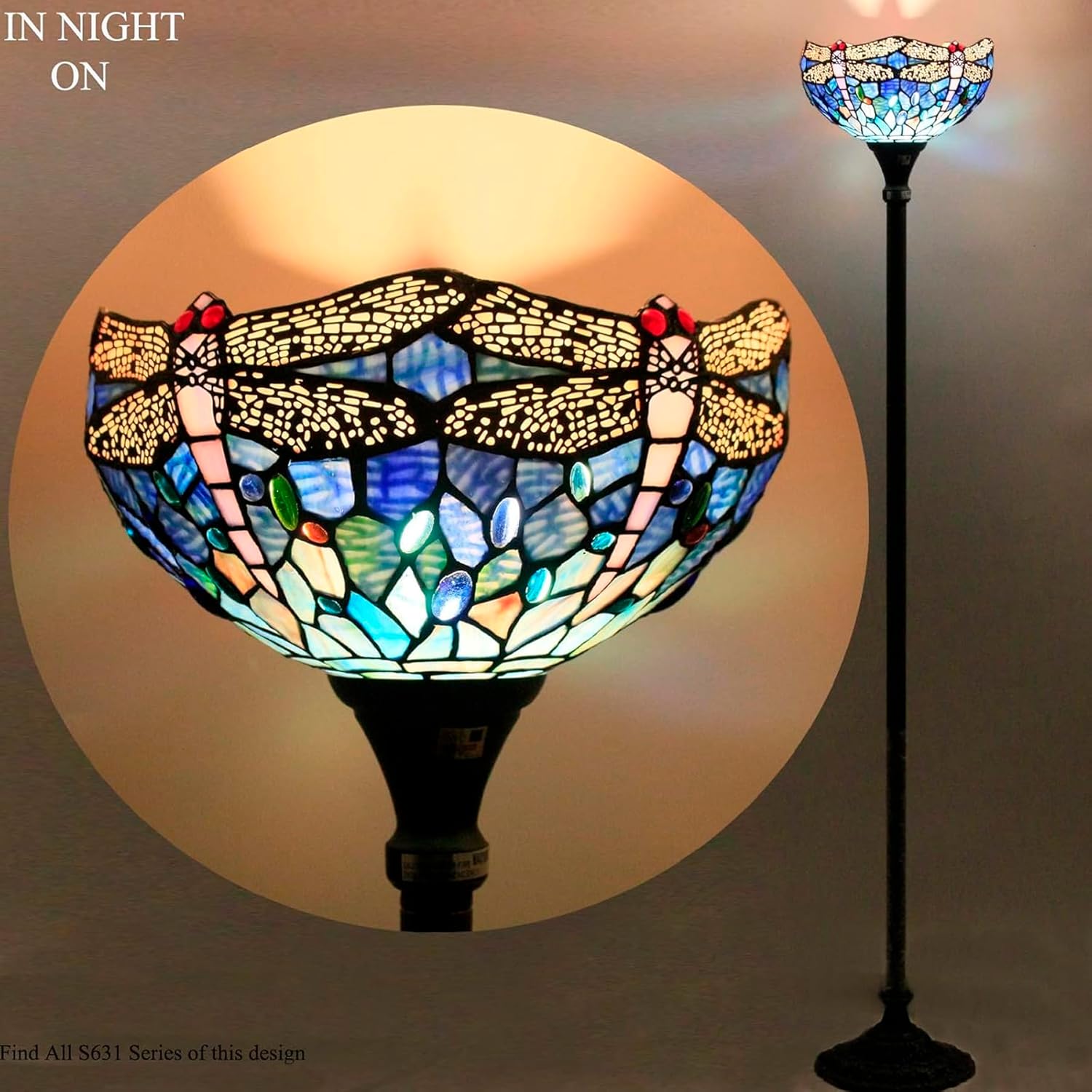 WERFACTORY Tiffany Floor Lamp Sea Blue Stained Glass Dragonfly Light 12X12X71 Inches Pole Torchiere Standing Corner Torch Uplight Decor Bedroom Living Room Home Office S631 Series