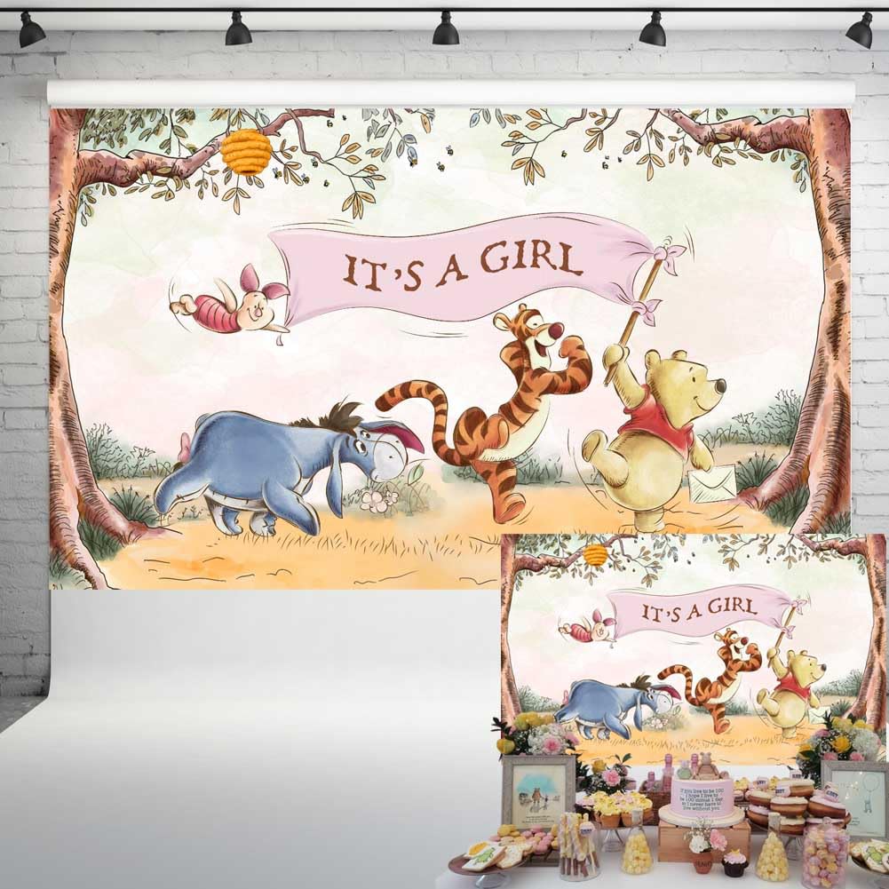 Vintage Pooh Bear Baby Shower Backdrop It's A Girl Classic Winnie and Friends in Woods Background Newborn Party Decorations 5x3 ft 301