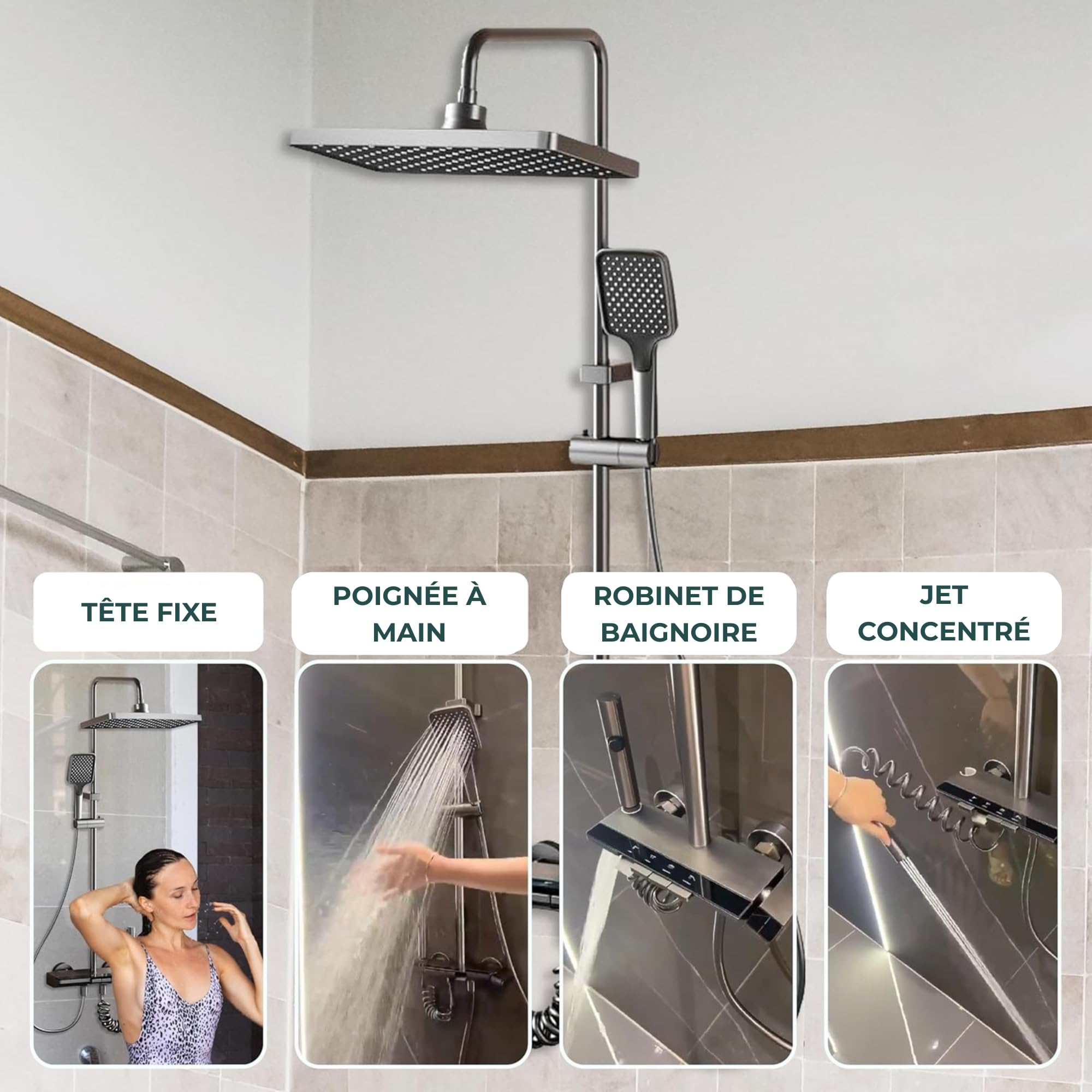 INEX EUROPA Colonne de Douche Noire Gris Titane avec Tête Carrée - Colonne de Douche 4 Modes et Hauteur Réglable - Tête de Douche, Jet, Robinet et Pommeau de Douche - Garantie 10 Ans