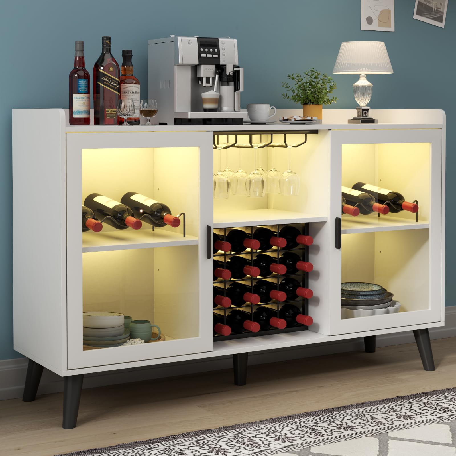 Gyfimoie Modern Wine Bar Cabinet with LED Light, Home Coffee Cabinet w Wine Rack and Glass Holder, Kitchen Sideboard Buffet Cabinets w Storage Shelf,