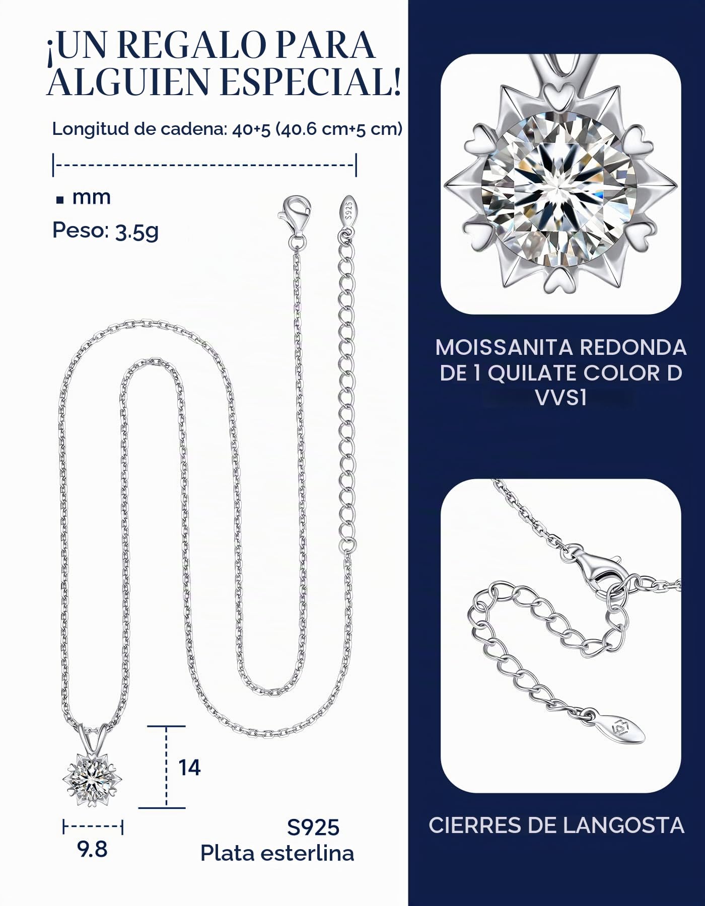 MomentWish Moissanite Collar Mujer, 1/2 Quilates Plata 925 Moissanita de Diamante Colgante Solitario Joya Regalo de San Valentín para Mujeres Novia