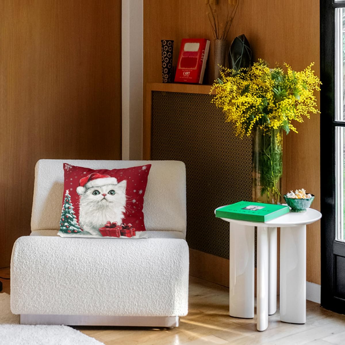 Christmas Persian Cat Hat Throw Pillow Cover Merry Christmas 28x28 Inch Set of 2 Linen for Sofa Couch Room Home Decor Cushion Cover (Red)