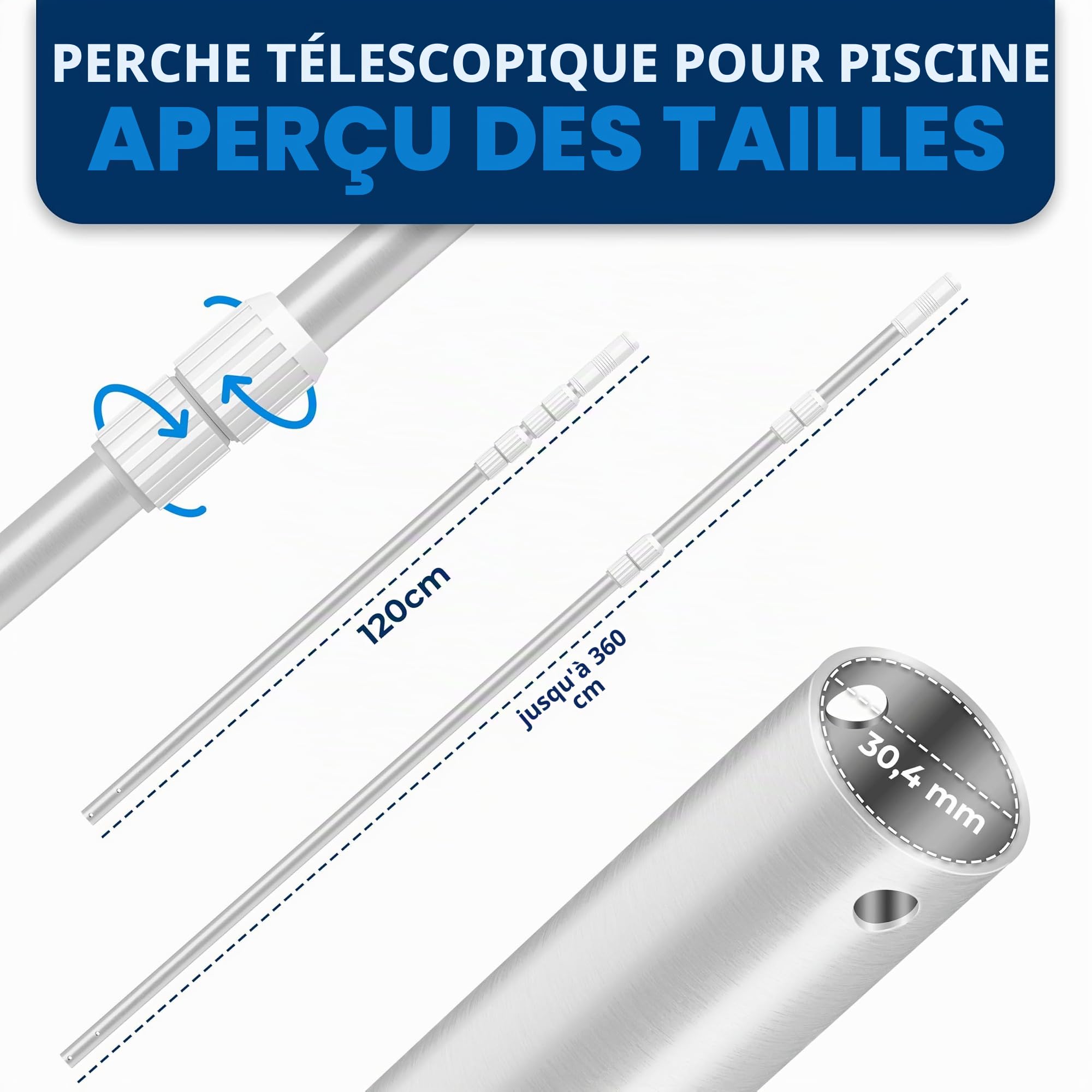 KESSER® Perche télescopique de Piscine en Aluminium Perche de Piscine | Tige pour Le Nettoyage de Piscine en 3 Parties | réglable de 1,20 m à 3,60 m | Résistant aux intempéries et Stable, Argent