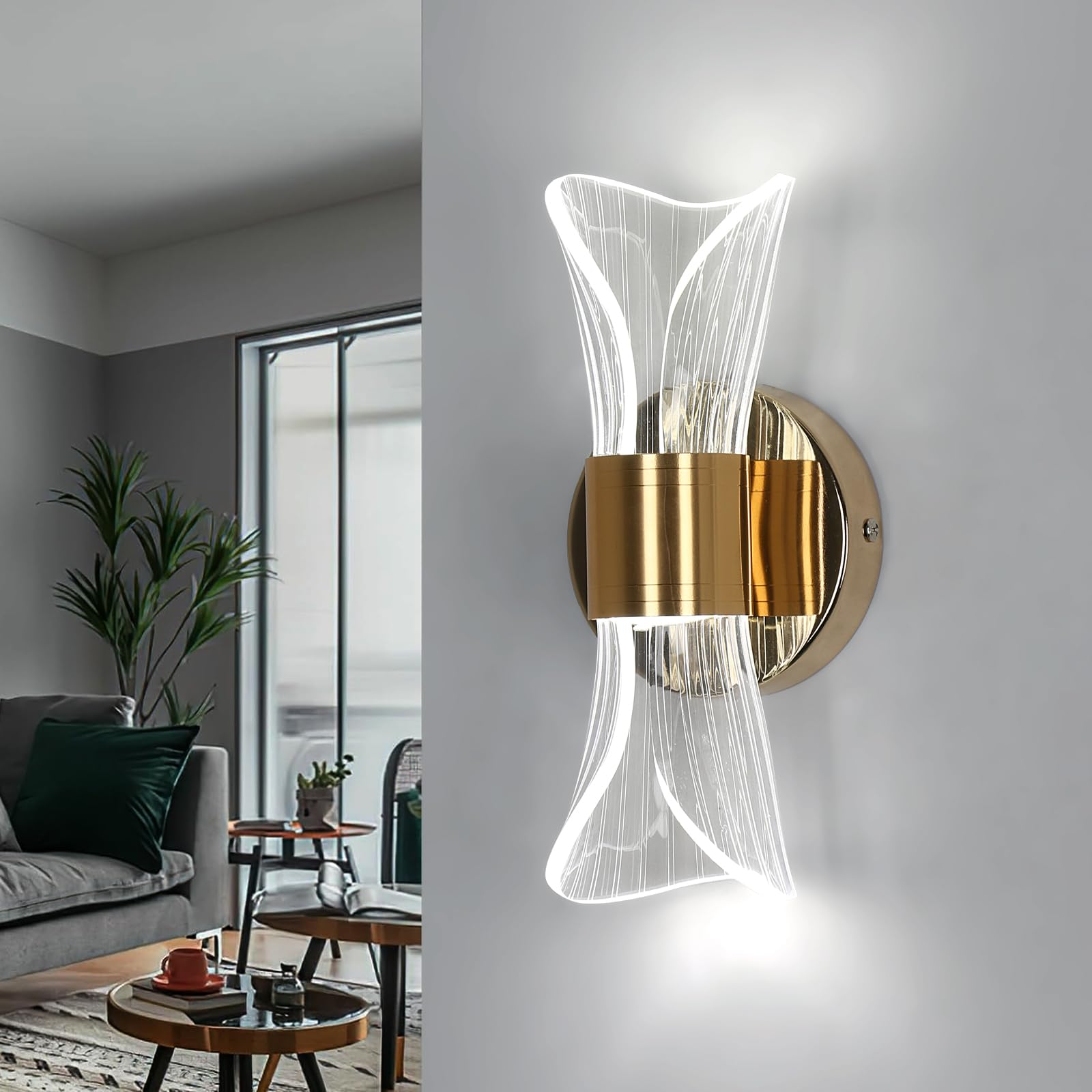 DELIPOP Applique Murale Intérieure, 12W Lampe Murale LED Moderne 3 Température de Couleur 3000K/4500K/6500K, Or Luminaire Mural en Acrylique pour Chambre, Salon, Couloir, Escalier
