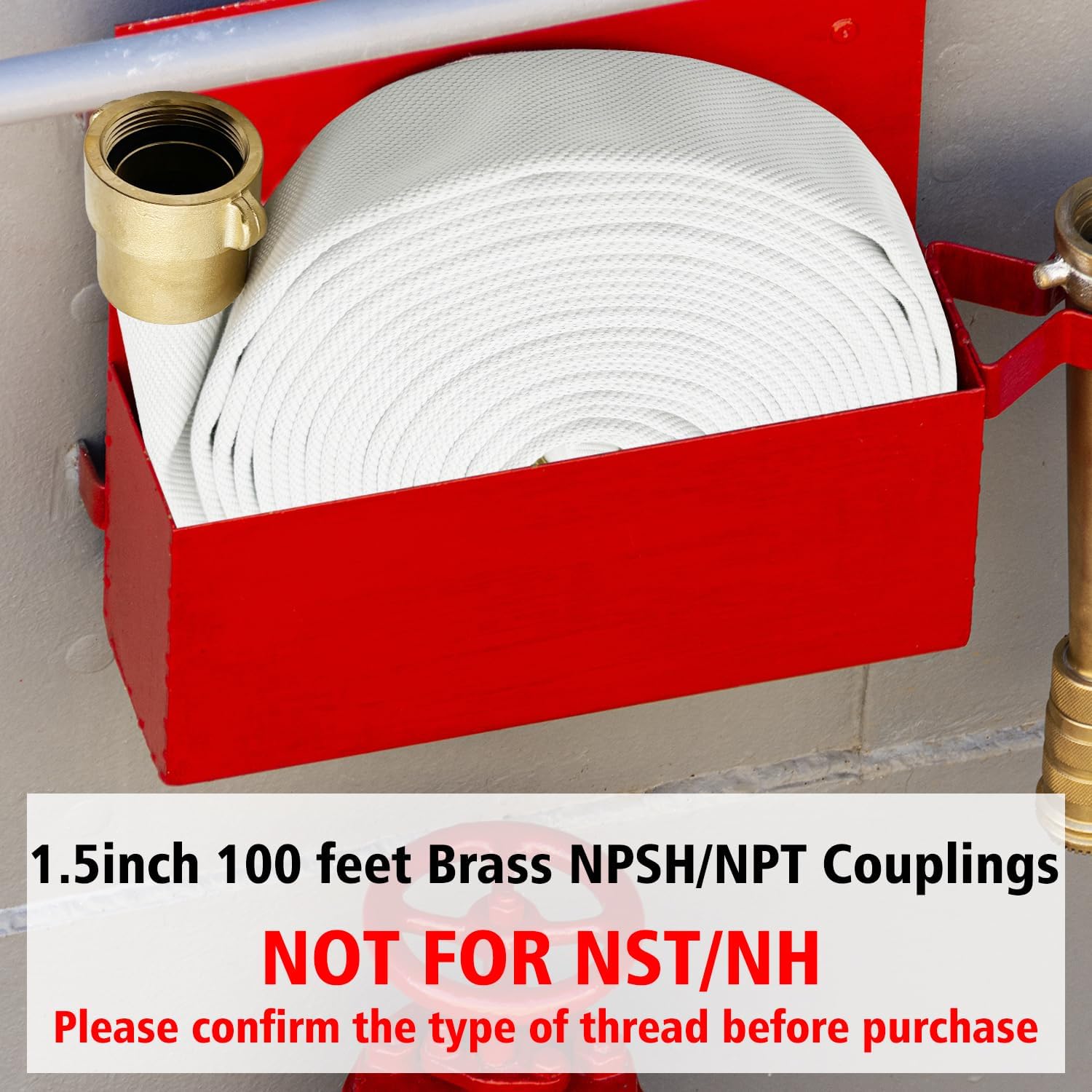 Fire Hose, White, 1-1/2 inches x 100' Lay Flat Heavy Duty Backwash/Discharge Firehose, NPSH/NPT Brass Connectors (1.5” NPSH/NPT-100FT)