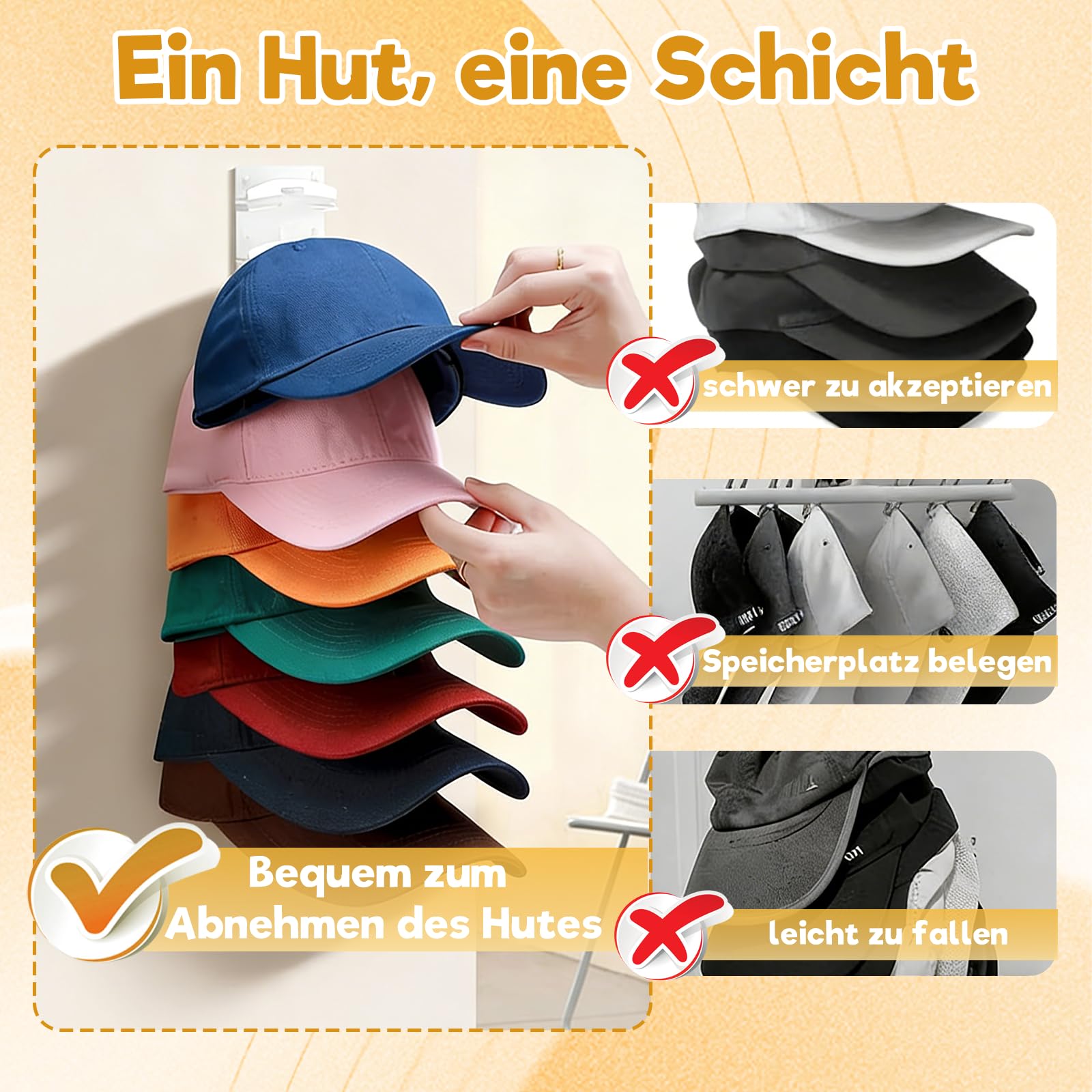 Kappenhalter – 2er-Pack selbstklebende Kappenhalters für bis zu 20 Kappen, praktische Kappenhalter für die Wand zur ordentlichen Aufbewahrung, Baseballkappenhalter für Kleide