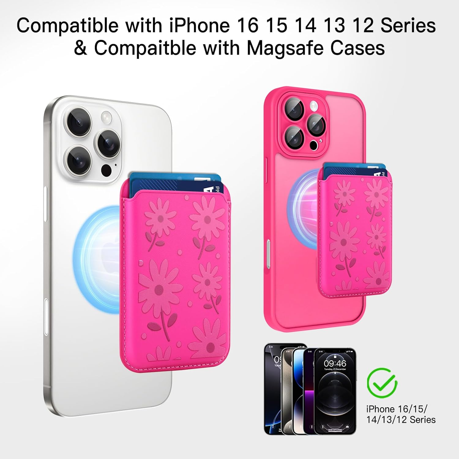 MOWIME Compatible with MagSafe Wallet, Cute Daisy Floral Pattern for Women Girls, Stronger Magnetic Card Holder Phone Wallet for iPhone 16/15/14/13/12 Series, Fit 2 Cards, Hot Pink - Image 2