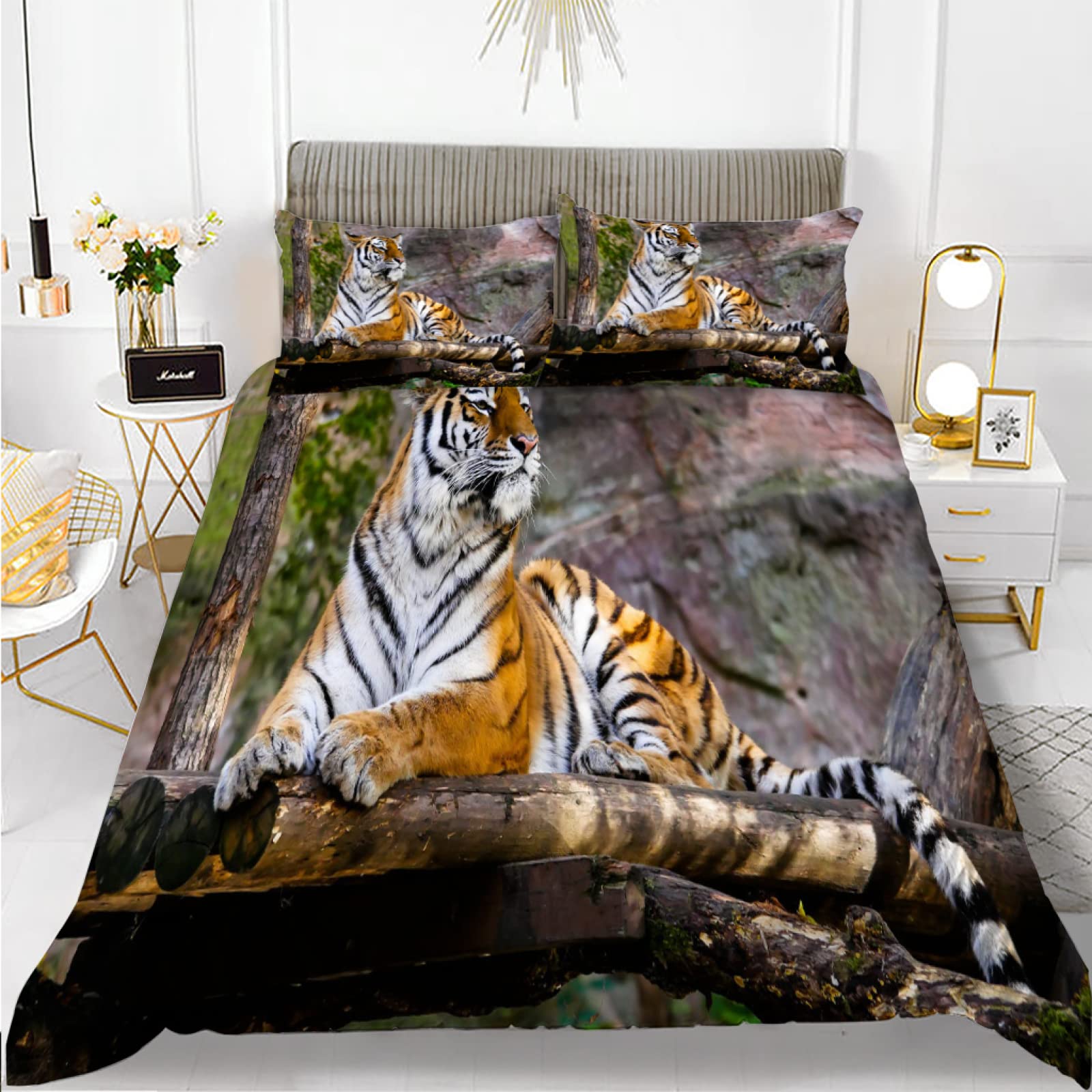 Housse de couette 90x190 enfant tigre gris ado fille garçon avec taie