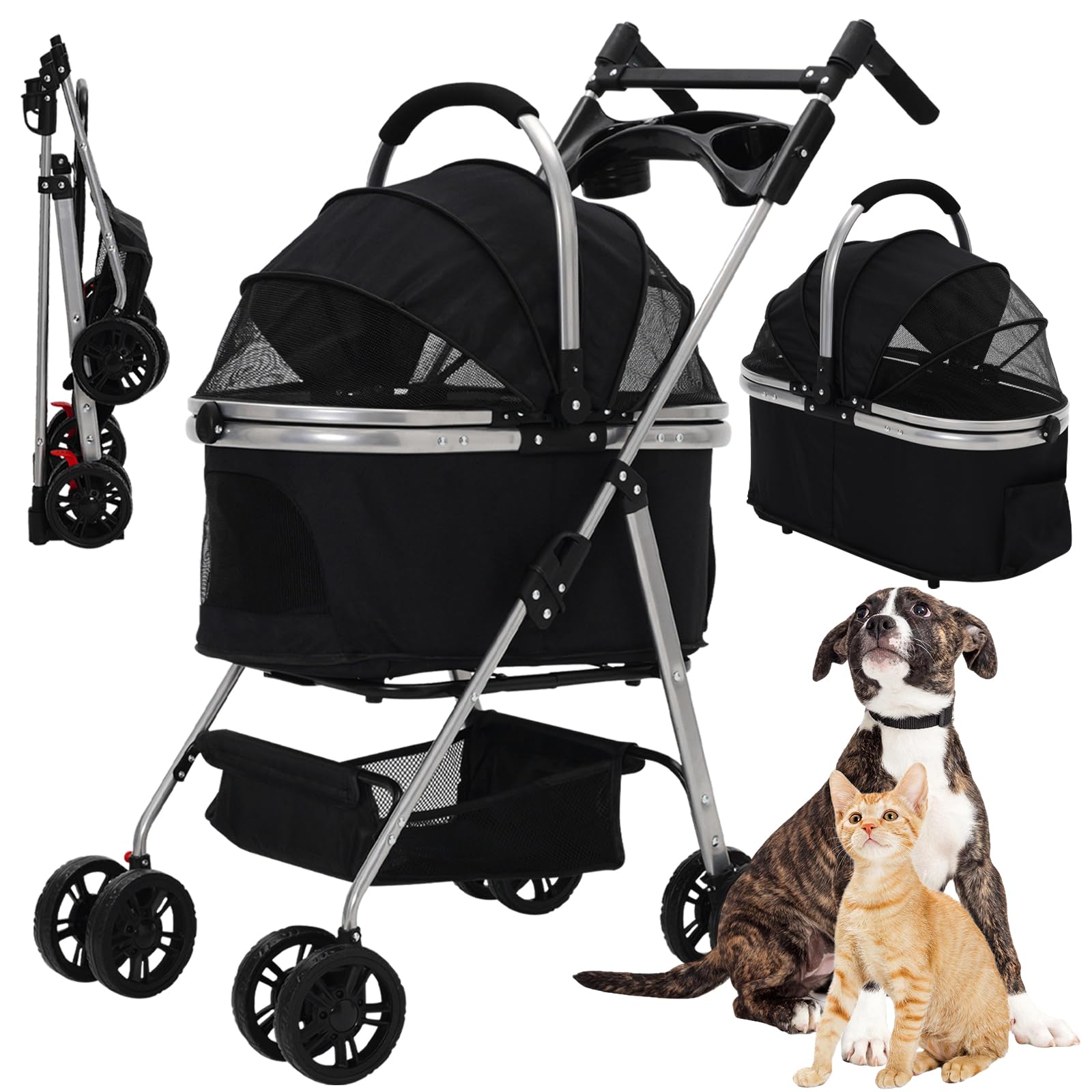 HOMCENT Passeggino 3 in 1 per cani di taglia media, passeggino pieghevole con seggiolino auto rimovibile, capacità 20 kg, ruote a 360°, manico regolabile, multi spazio per gatti e cani (nero)
