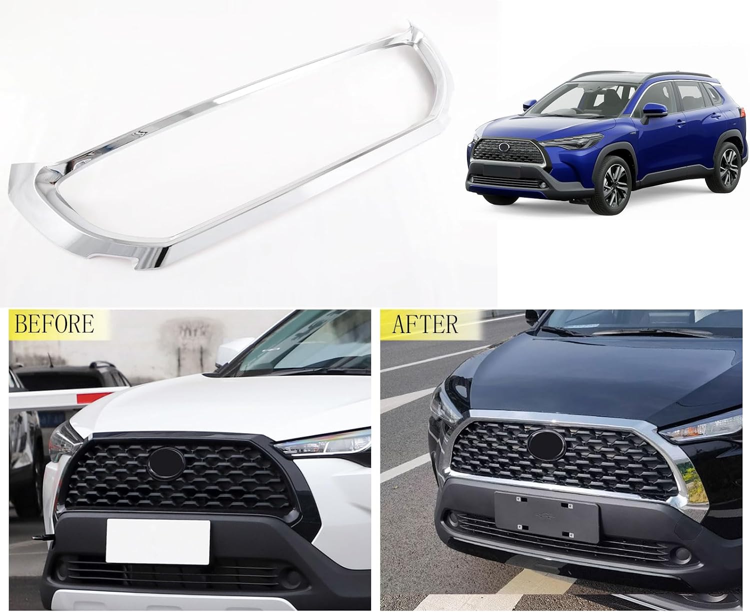 Car Exterior Accessories Compatible With Toyota Corolla Cross 2022 2023 2024 2025 2026 Front Bumper Upper Grill Grilles Frame Cover Trim ABS 1PC(Glossy Chrome Style)