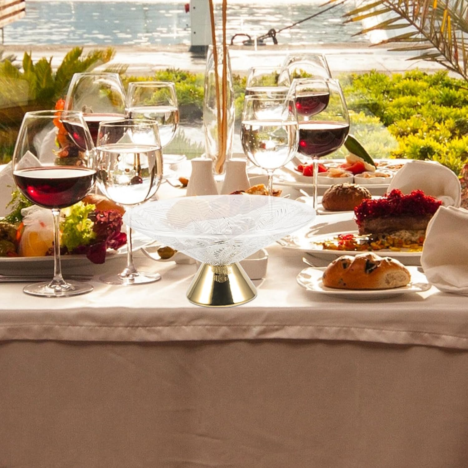 Glass Footed Fruit Bowl with Gold Base, Decorative Snack and Dessert Serving Plate, Household Glass Fruits Storage Tray for Living Room and Dining Table