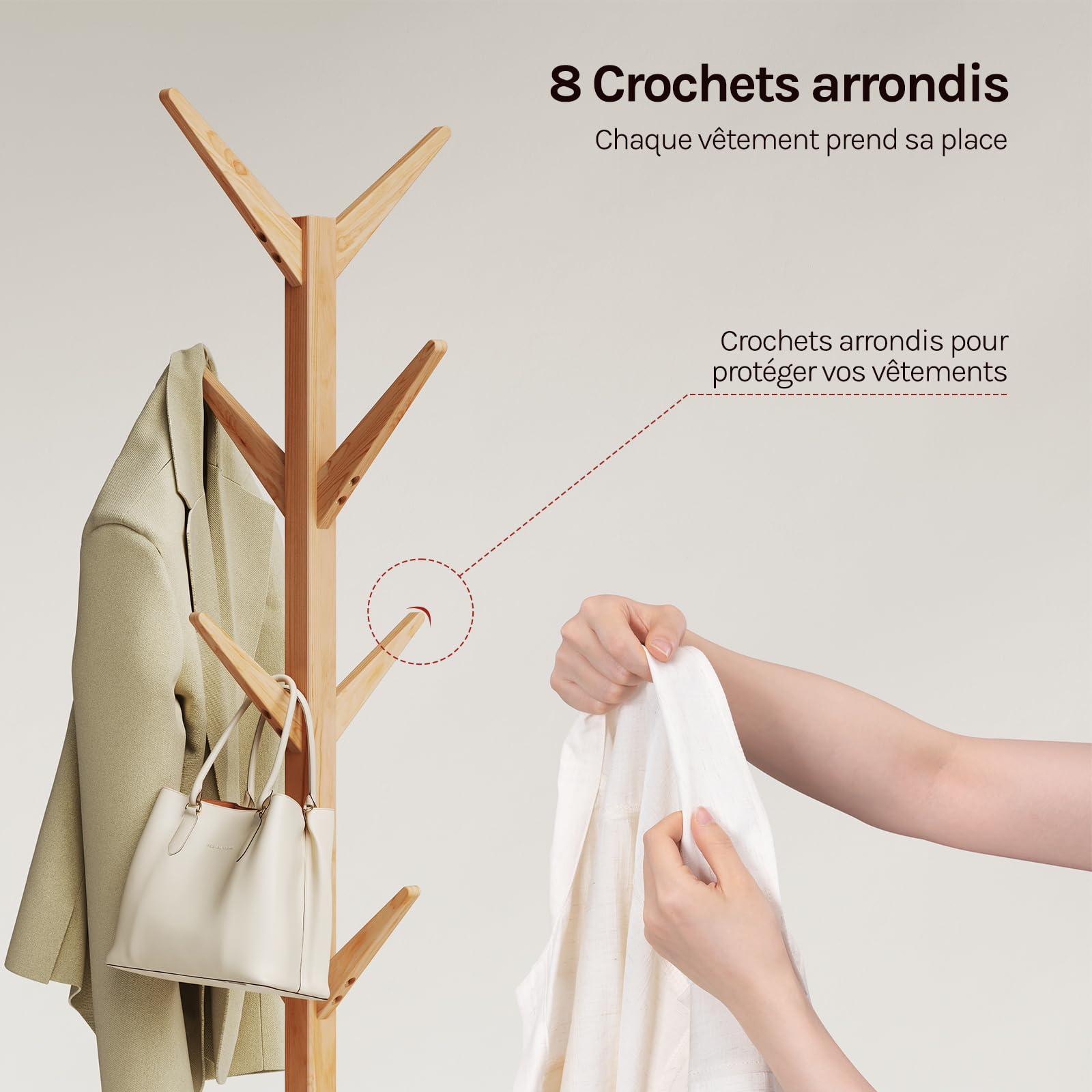 WOLTU Porte-Manteau en Forme d’Arbre, en Bois massif, Portemanteau sur Pied, Hauteur 180cm, avec 8 Crochets Nature