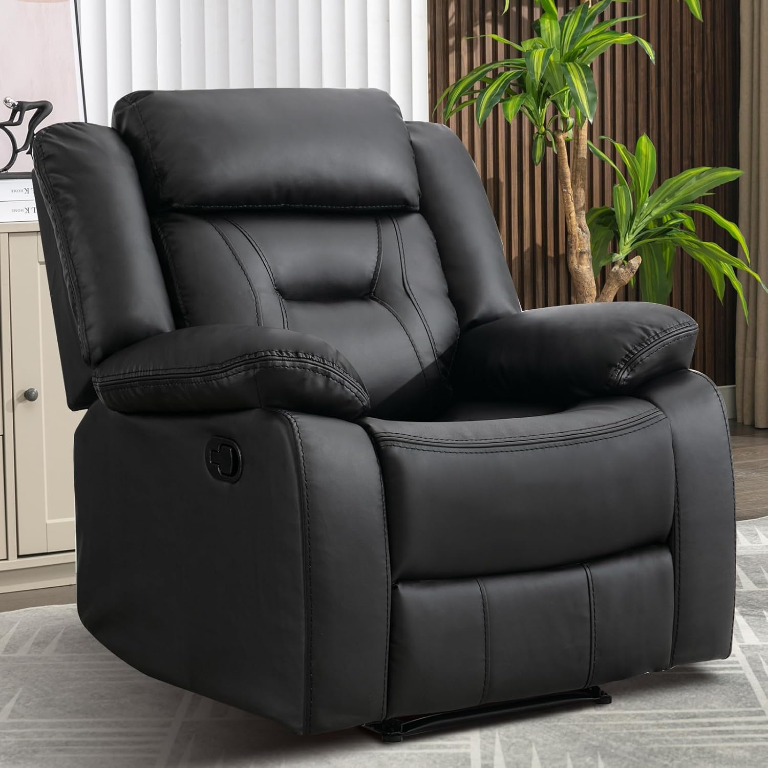 EBELLO Manual Recliner Chair, Faux Leather Single Reclining Sofa Chair with Overstuffed Armrest and Headrest, for Living Room, Bedroom Furniture, Meeting Room, Black