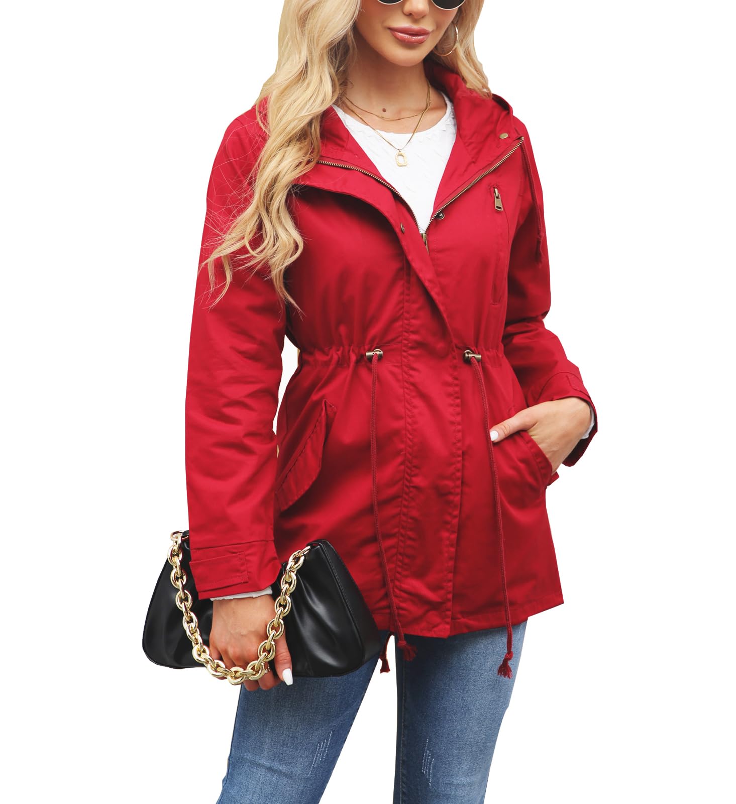 Women's Ligtweight Jackets Anorak Utility Drawstring Waist Hoodie Zip Up Fall Casual Coat with Pockets