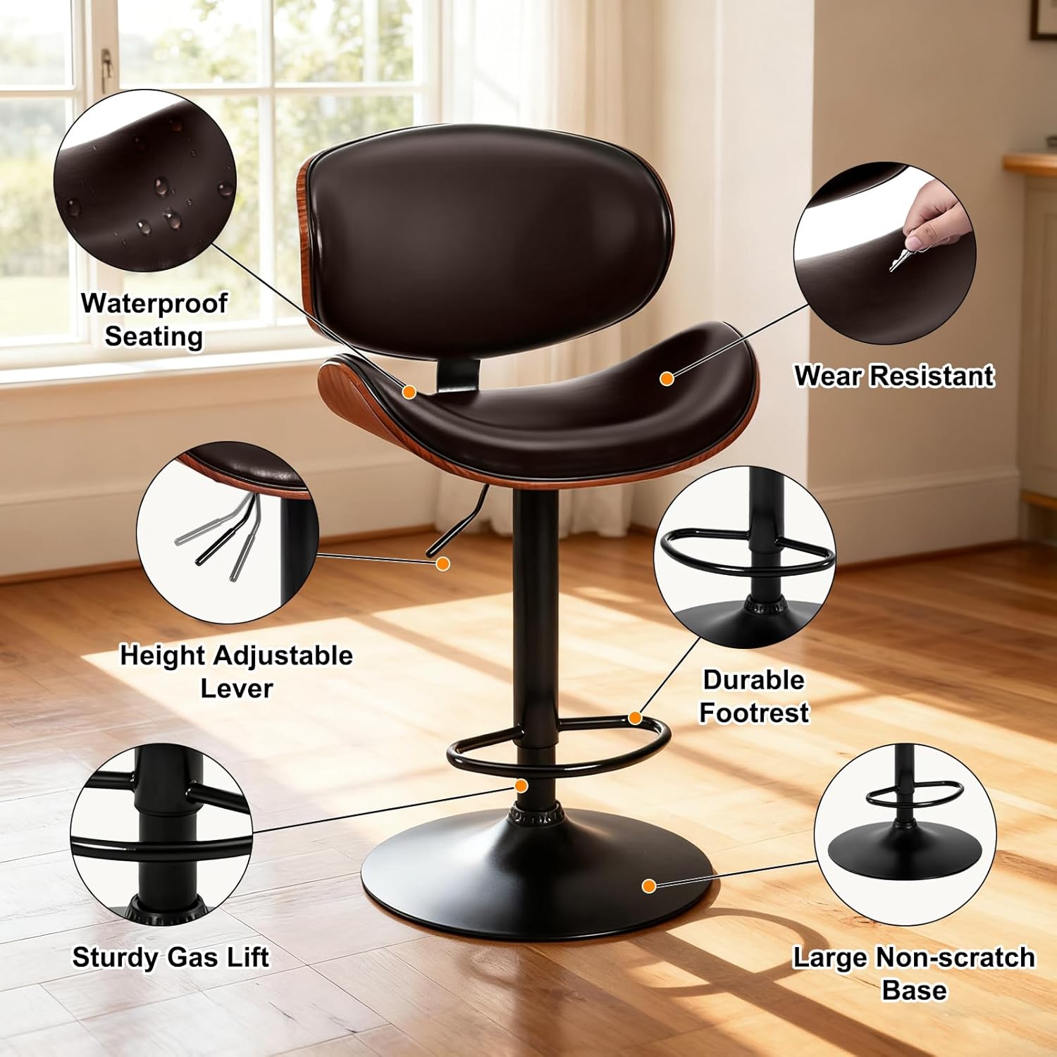 DUMOS Swivel Bar Stools Set of 4, Adjustable Counter Height Bentwood BarStools, PU Leather Upholstery Bar Chair with Ergonomic Back and Footrest, Counter Stools for Bar, Home Kitchen Island, Brown