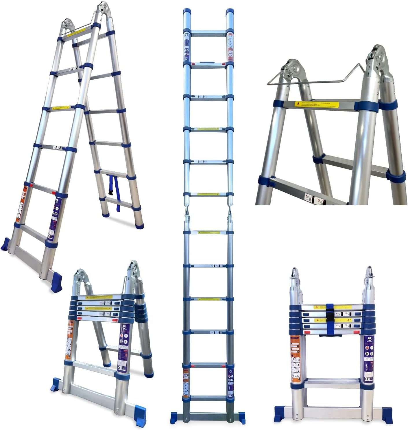 K•LUTECH – Escalera telescópica doble plano – Escala plegable 2 en 1 – Escalera plegable – Fabricada en aluminio de calidad profesional – Certificada a 150 kg EN131 CE (380 cm)