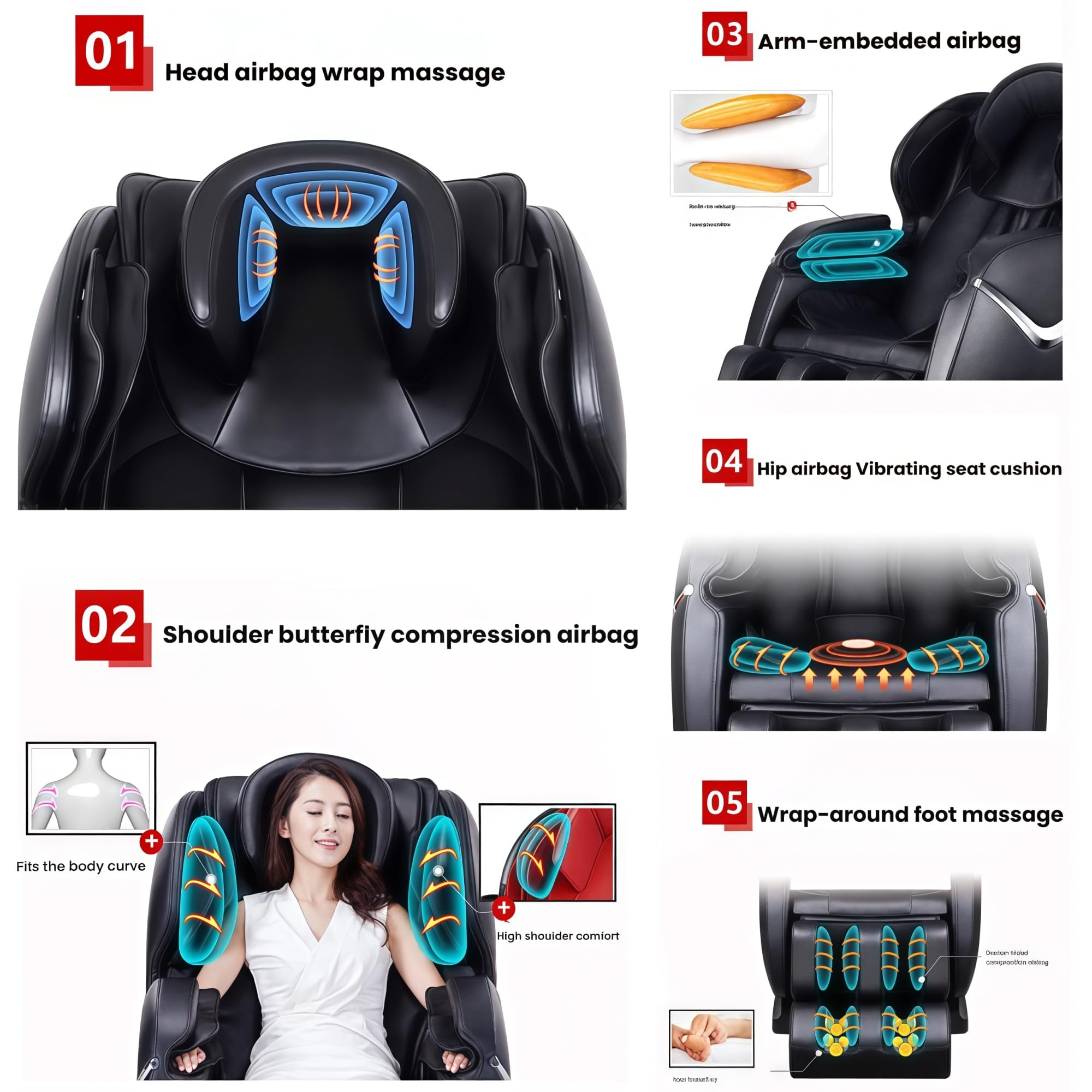 Sillón de masaje de cuerpo completo, tejido profundo 4D, SL-Track, amasamiento con bolsa de aire, terapia de calor para el cuidado y relajación de ancianos