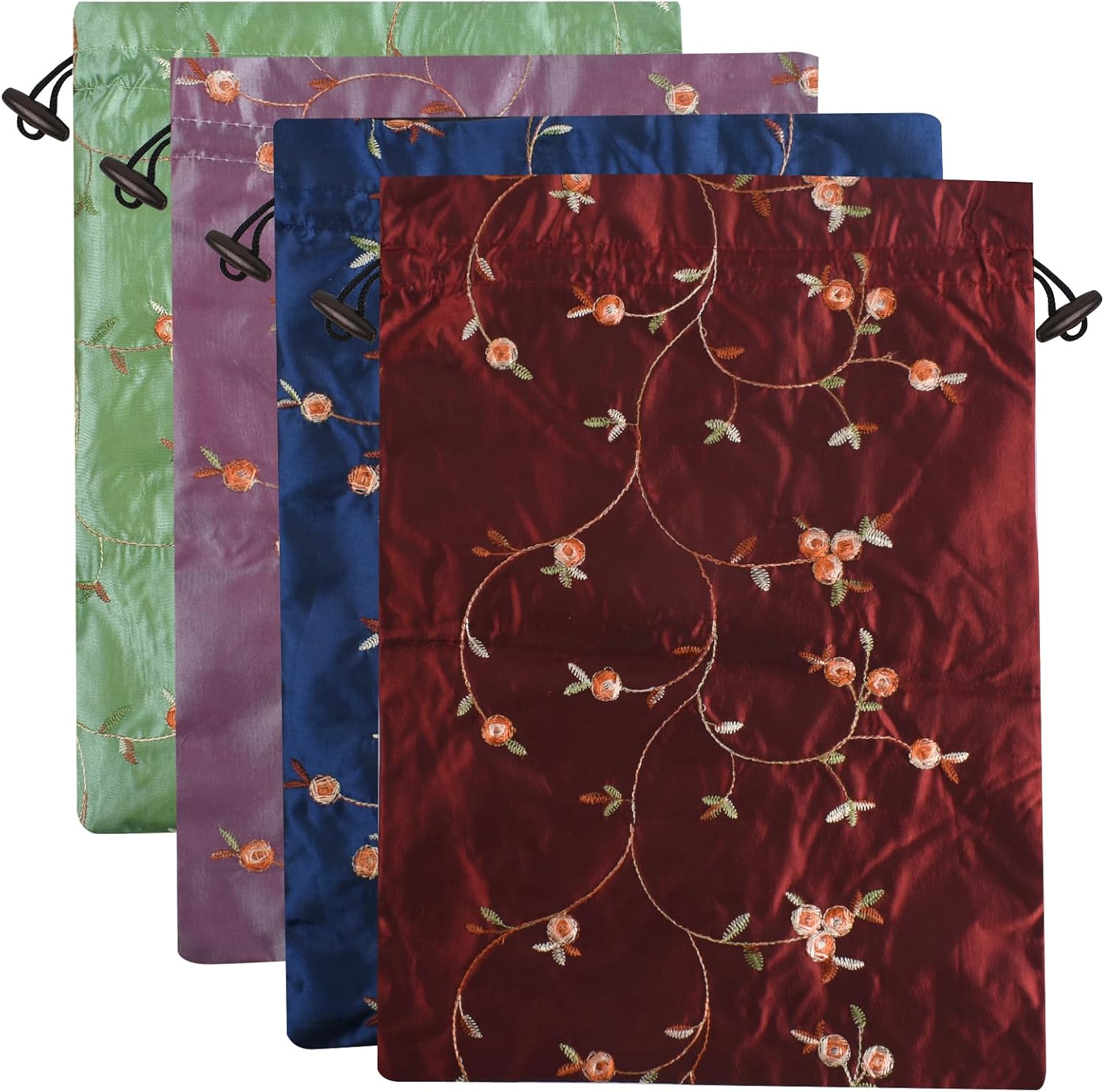 Embroidery Silk Flower Shoe Bag 4Pcs Drawstring Silk Travel Bag Jacquard Underwear Bags Washable Big Sachet Bag Storage Bags for Men Women