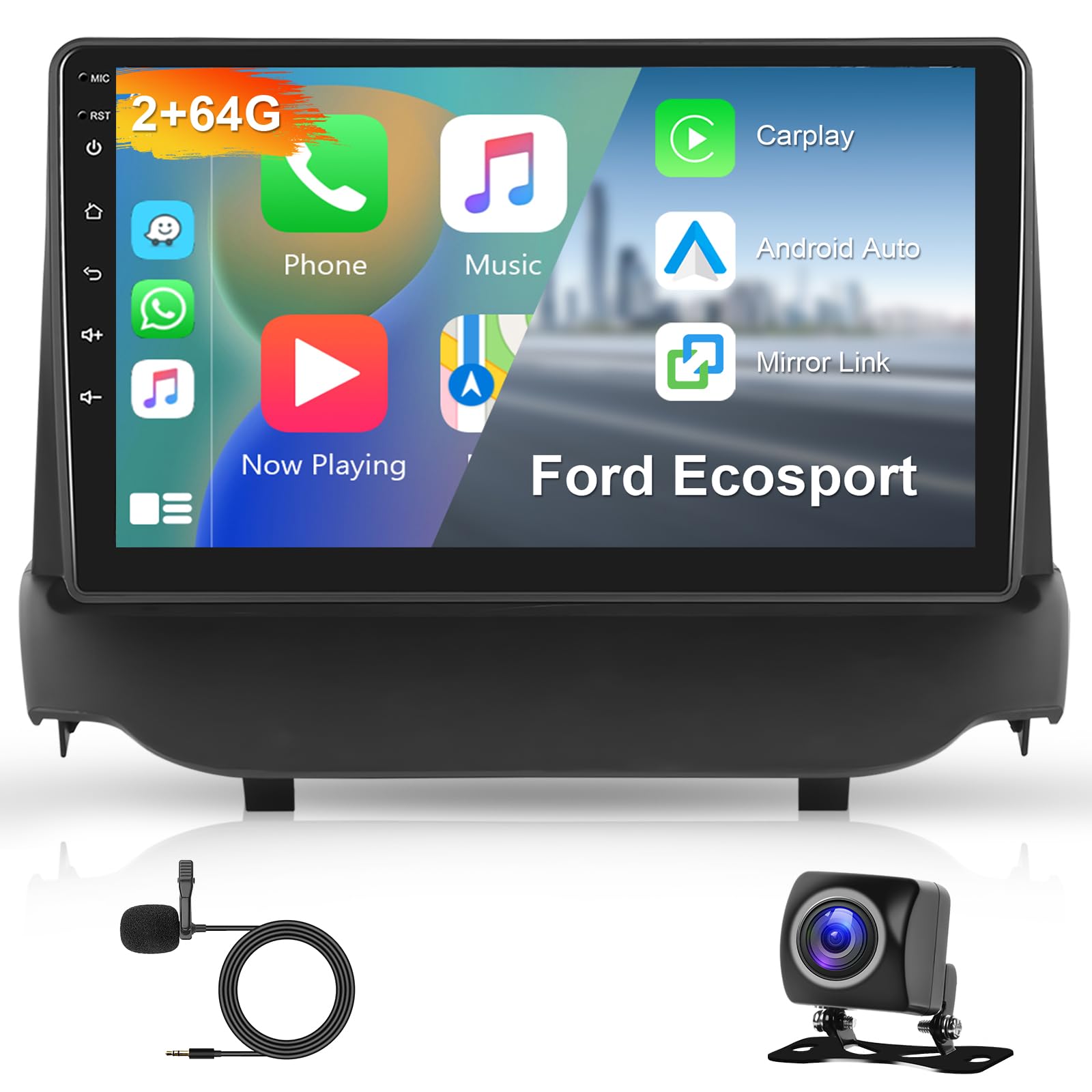 Hodozzy 2G 64G Android Autoradio per Ford Ecosport 2013-2017 Radio Wireless Carplay Android Auto, 9 Pollici Touch Screen, Navi GPS WiFi Bluetooth FM RDS con Retrocamera 2 Din Radio per Ford Ecosport