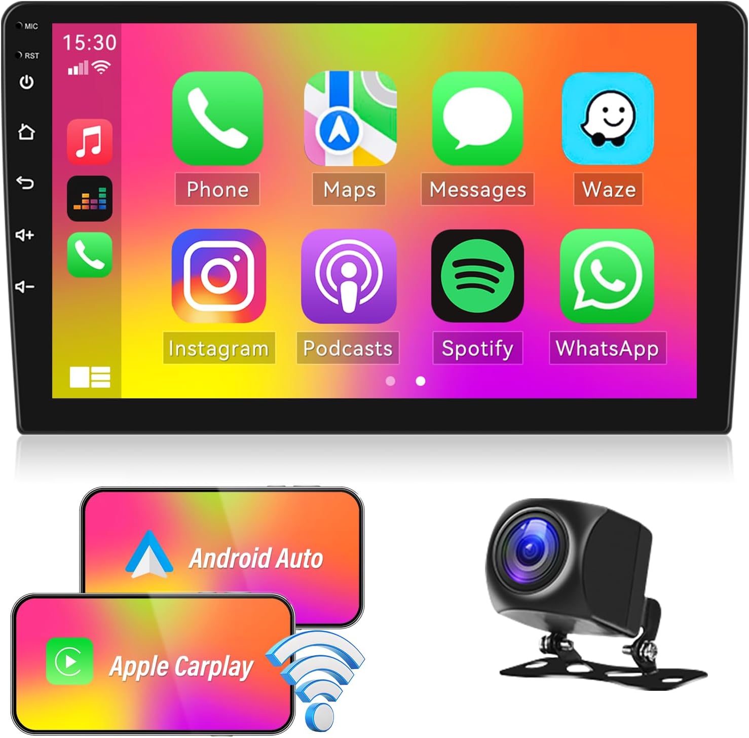 Android 11 Double Din Car Stereo with Wireless Apple Carplay&Android Auto,10.1 Inch Touch Screen Car Radio with Bluetooth WiFi GPS Navigation FM/RDS Radio HiFi SWC with Dual USB Input& Backup Camera