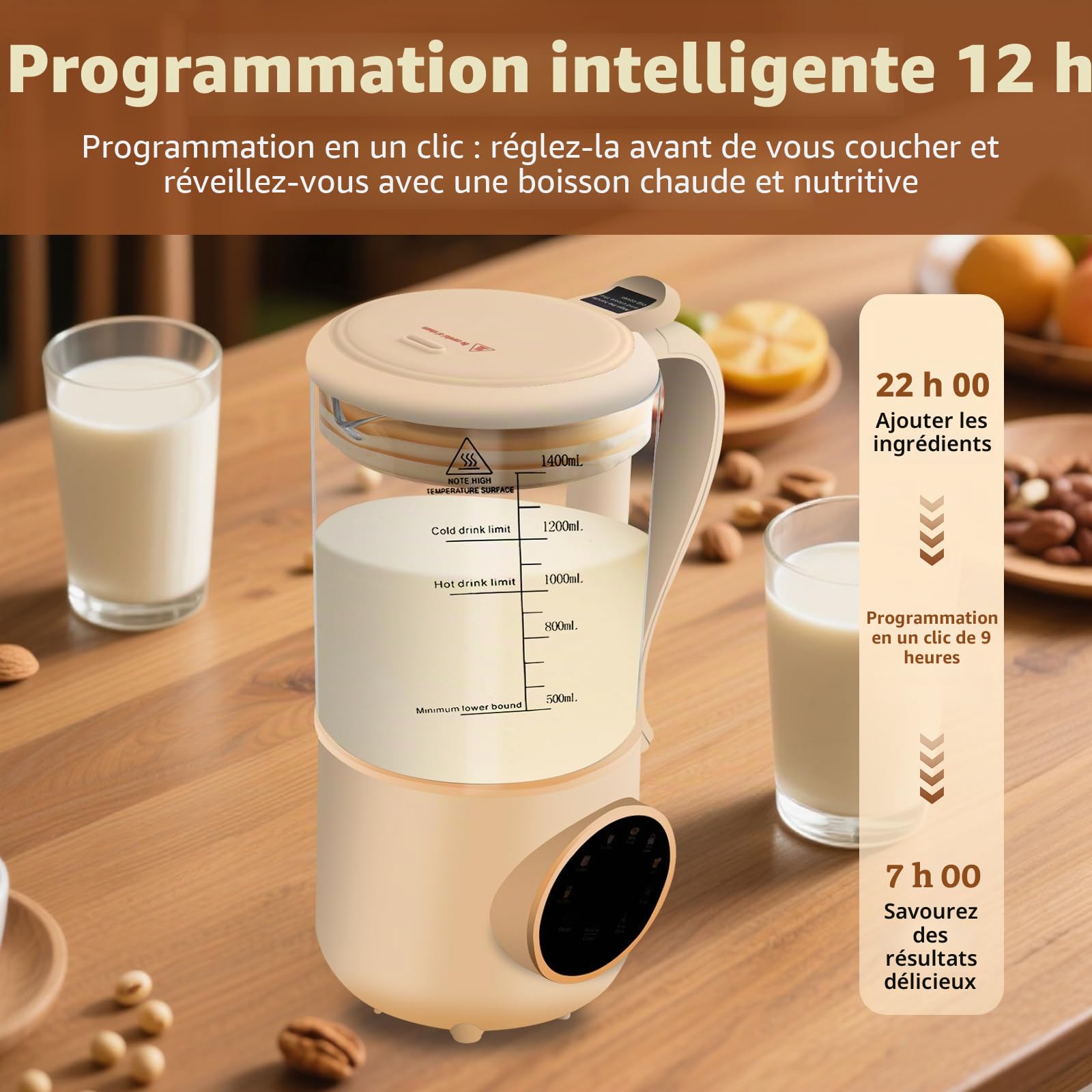 Machine Lait Vegetal, Presse-Agrumes 1400ml, 16 Feuilles Nut Milk Maker, Affichage LED, Fonction D'isolation De 4 Heures, Lait Végétal Maison, Avoine, Soja, Boissons Sans Produits Laitiers
