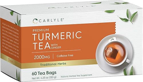 Carlyle Bolsas de té de cúrcuma con jengibre, 60 unidades, sin cafeína, suplemento de té de hierbas sin OMG y sin gluten