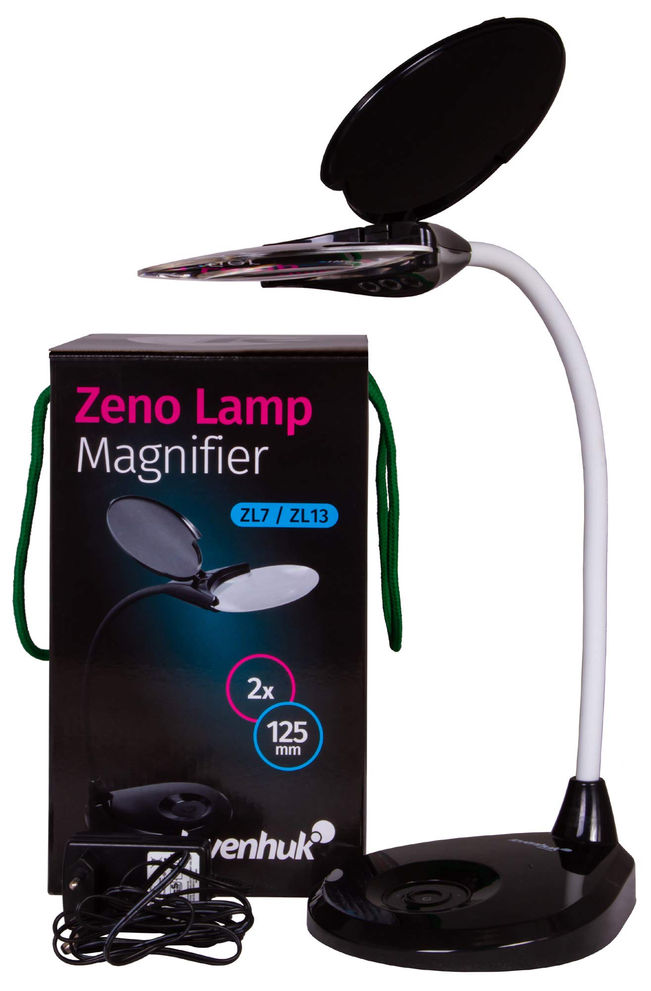 Lupa de Sobremesa Levenhuk Zeno Lamp ZL13 con Iluminación por LED, Ampliación de 2X, Cubierta Protectora y Brazo Flexible para Trabajar de Cerca, Color Negro