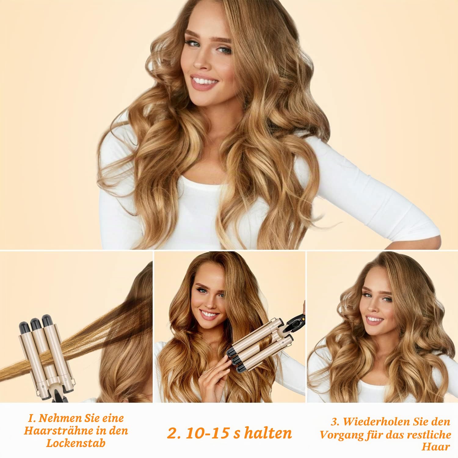 Lockenstab 3 Fässer LAYADO Welleneisen für Haare, Welleneisen 22mm, Beach Waves Lockenstab Einstellbar Schnell Eerhitzendes Professionelle Styling-Tool Für Alle Langes/Kurzes Haar