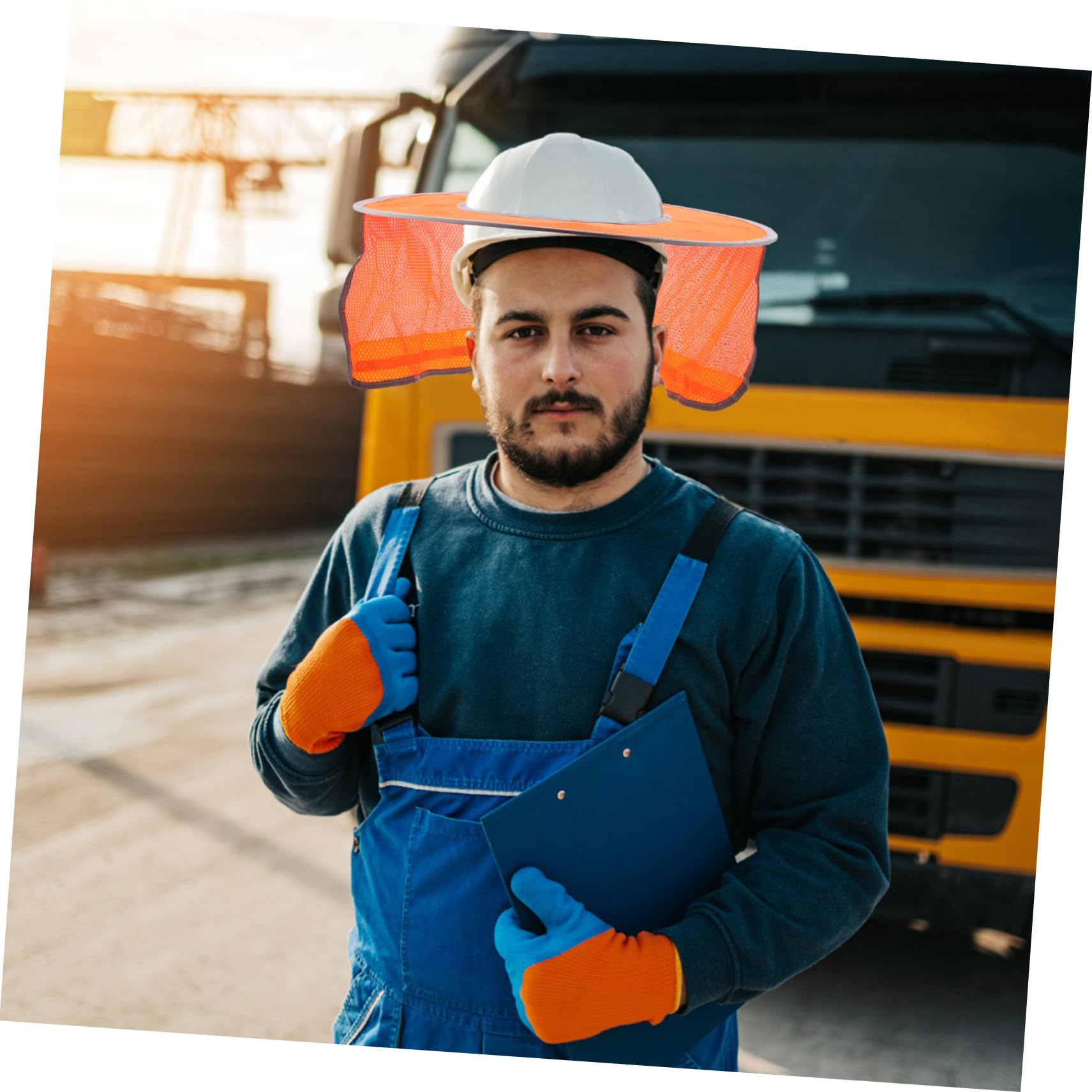 iplusmile 5 Pièces Protection Solaire Réfléchissante pour Casque de Sécurité Orange Pare Soleil Respirant pour Chantier avec Visière et Protection Nuque Solaire Construction pour Travail