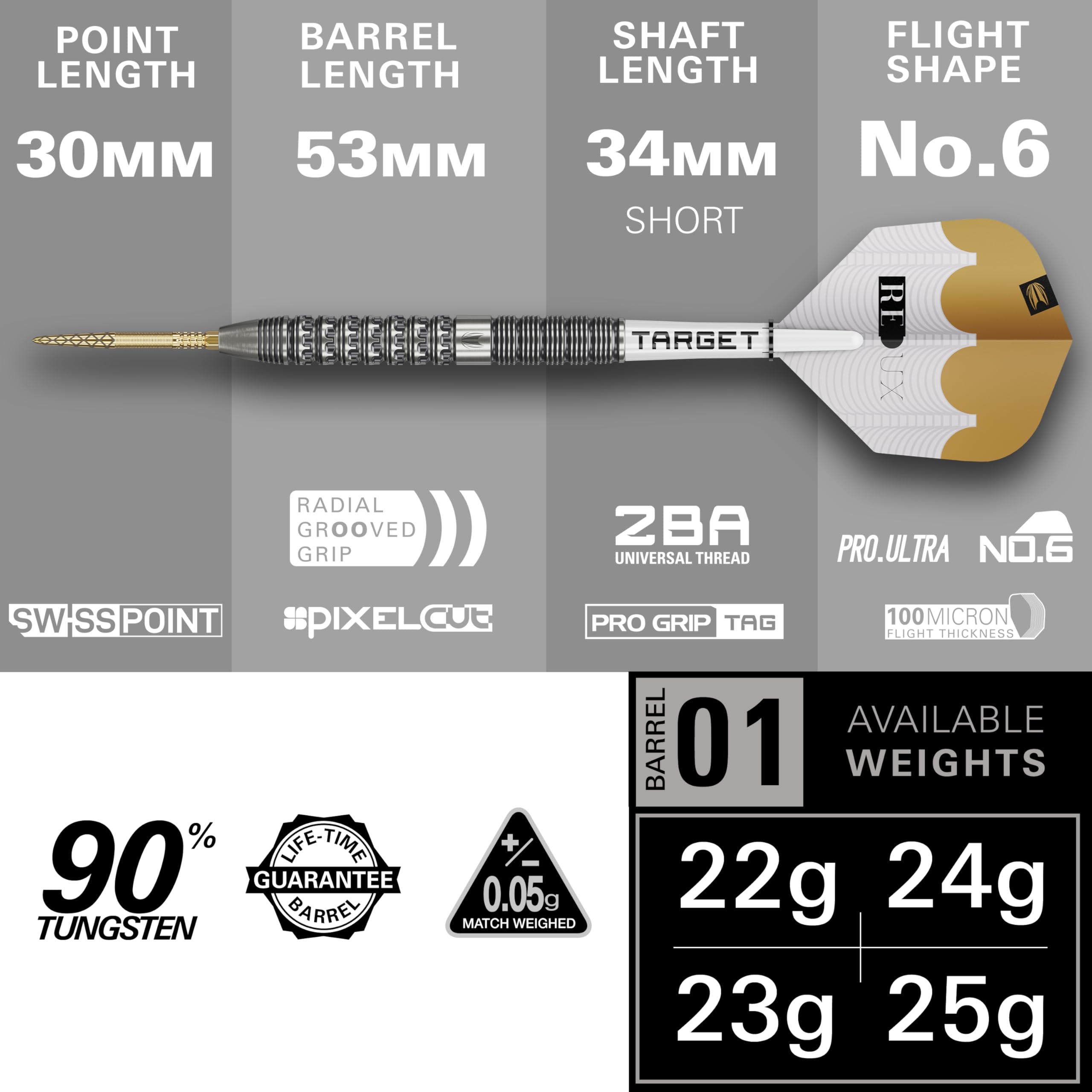 Target Darts Redux 90% Tungsten Swiss Point Steel Tip Dart Set (Barrel 01/02/03), 22G/23G/24G/25G/26G | Pro Ultra Nr. 6 Flights & Pro Grip Tag Shafts, DX Points Gold & SP-Werkzeug inklusive