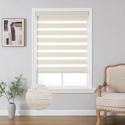 Joydeco Linen Zebra Blinds for Windows, Cordless Privacy Light Filtering Dual Layer Window Shades, Free-Stop Roller Blinds for Home, 27” W x 64” H