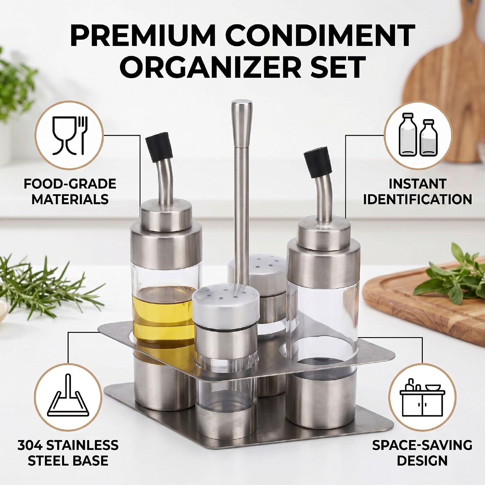 Jiawu Set di Bottiglie per Condimenti in Acciaio Inossidabile con Base, Contenitore per Olio, Aceto e Sale, Set di Barattoli per Condimenti Bottiglie per Trasparenti per